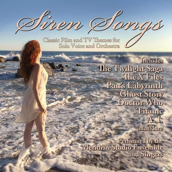 Albumcover mit einer Frau am Strand, Text 'Siren Songs' und eine Liste von Filmthemen.