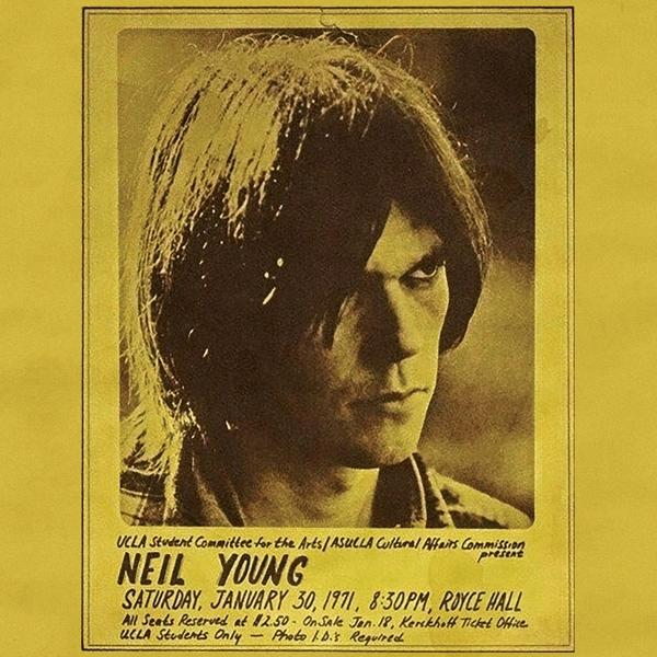 Affiche de Neil Young, fond jaune, texte noir, portrait, date 1971, Royce Hall.