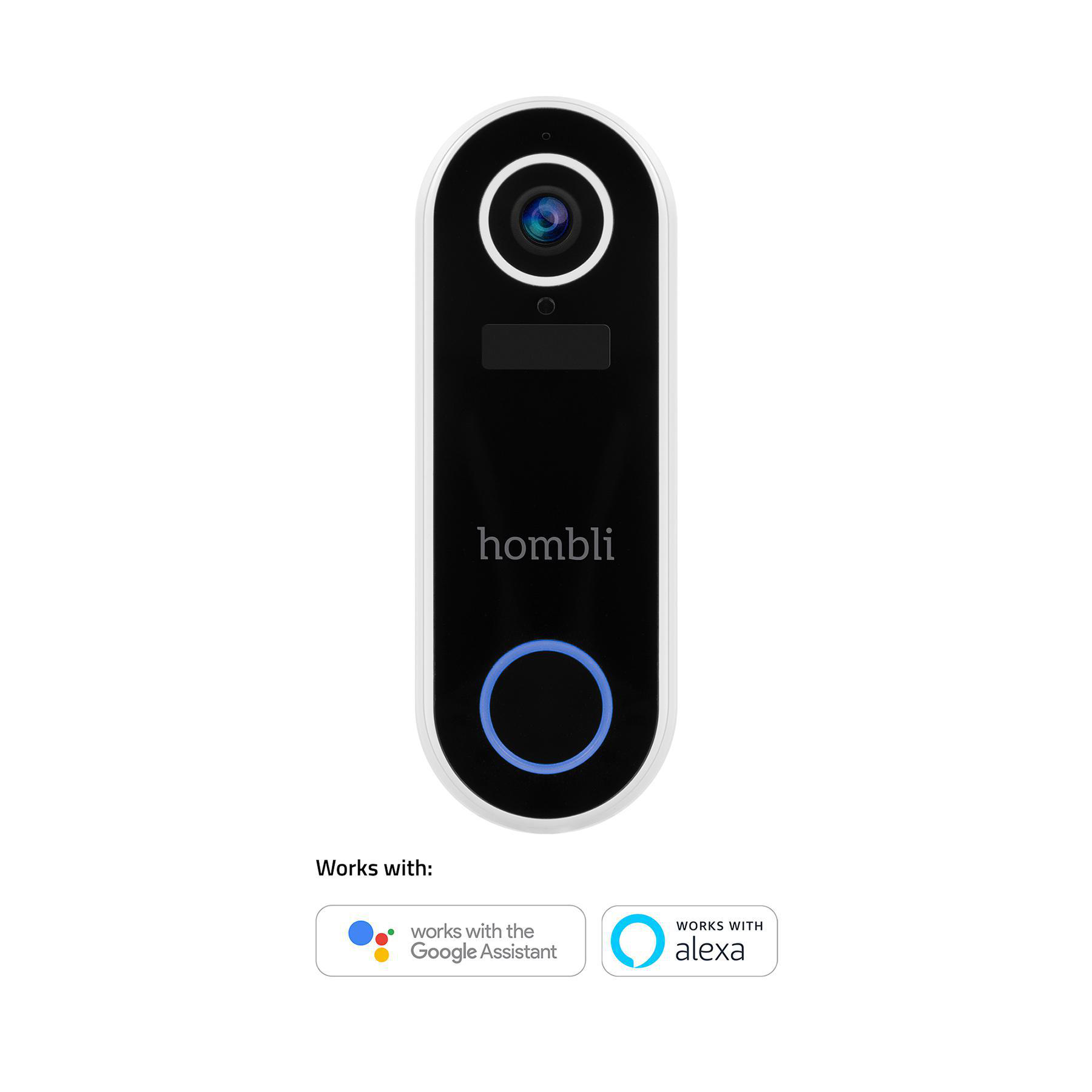Eine schwarz-weiße intelligente Türklingel mit Kamera und dem Logo 'homli'.