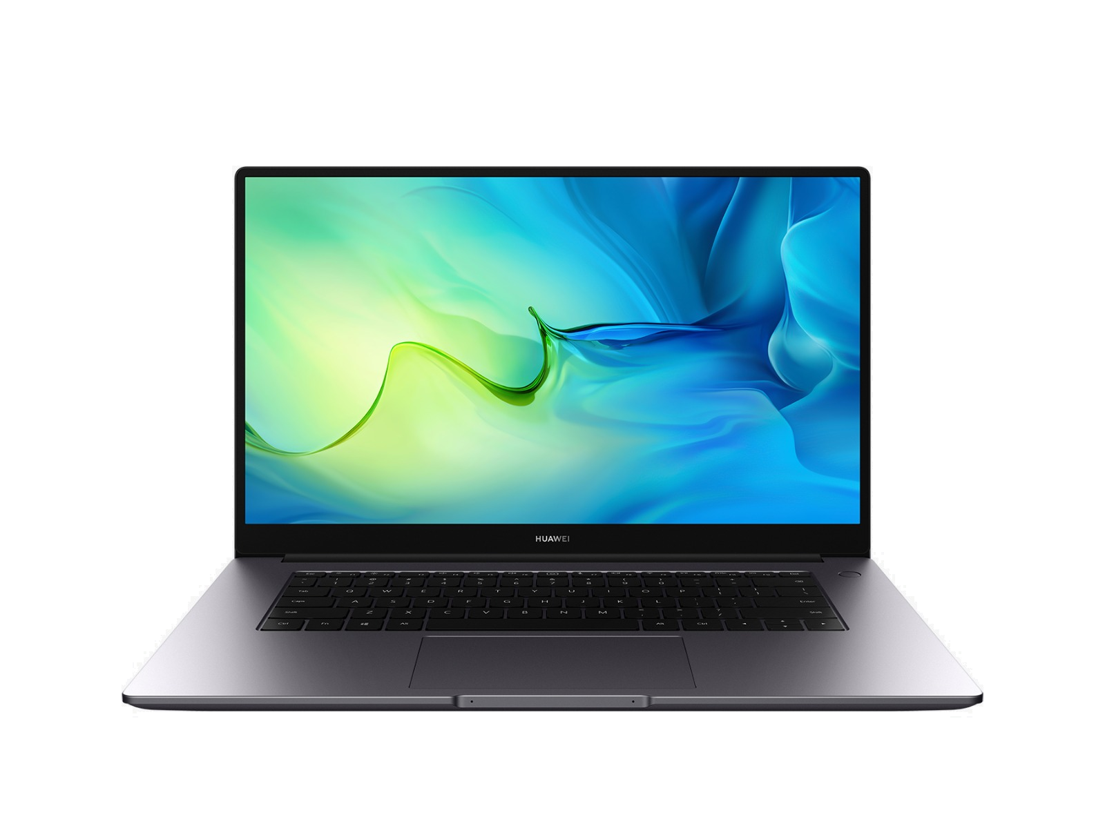 Siyah bir arka plan üzerinde gümüş bir dizüstü bilgisayar. Ekran mavi ve yeşil gösteriyor.