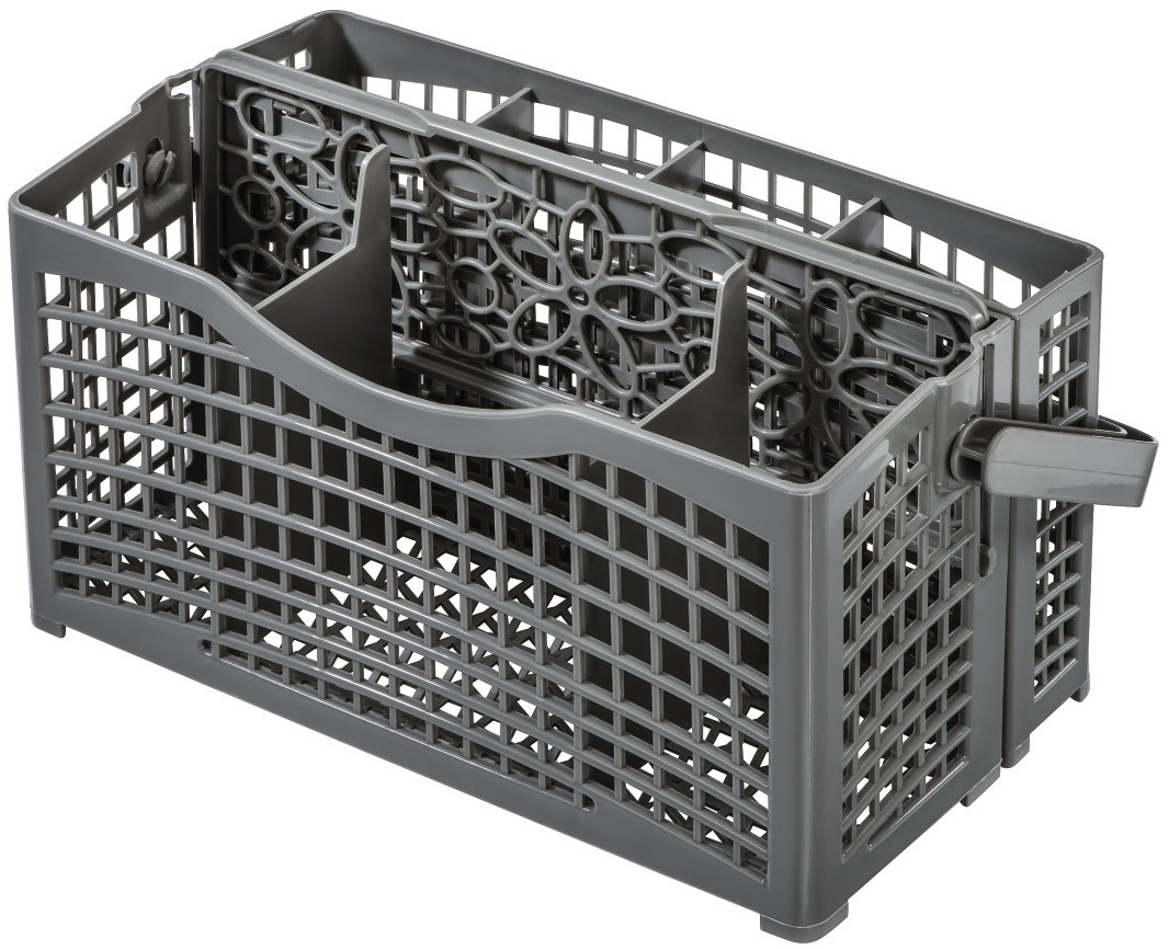 Un panier de lave-vaisselle gris avec des compartiments pour les ustensiles.
