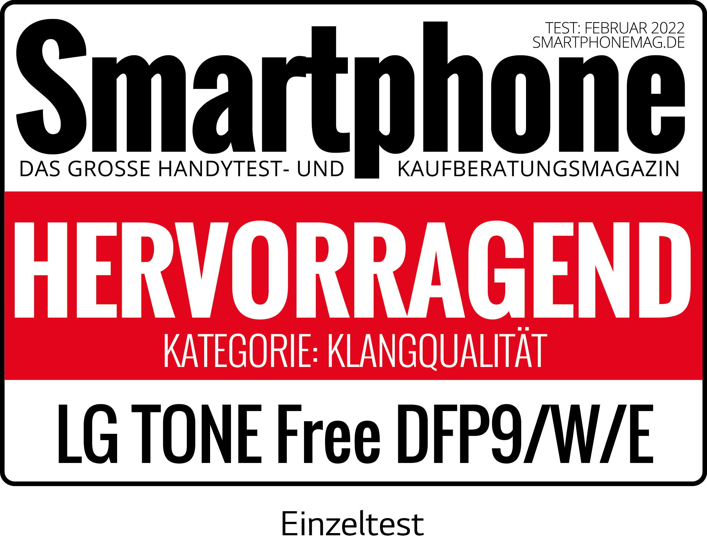 Weißes Rechteck mit schwarzem Text. LG Tone Free DFP9/W/E, Bewertung 'hervorragend'.