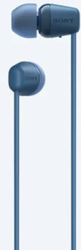 Blue in-ear headphones with the brand name on the earbuds.