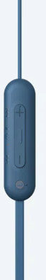 Close-up of a blue in-line remote control with buttons.