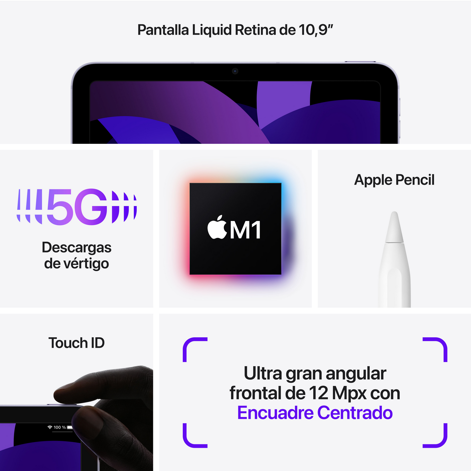 Un iPad con funciones mostradas: 5G, chip M1, Touch ID, Apple Pencil y cámara frontal.