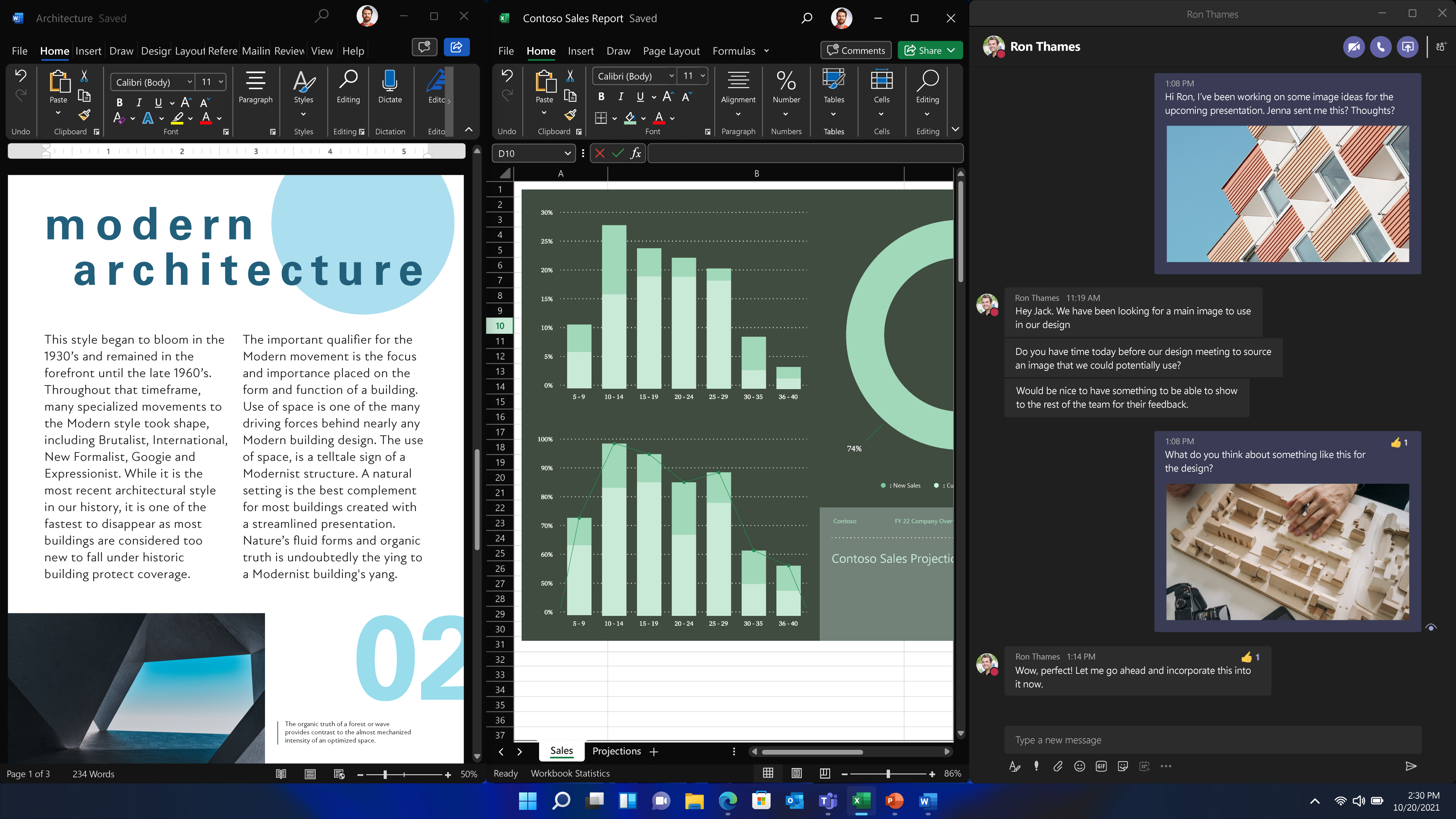 Microsoft Excel-Fenster mit einem Designdokument und einem geöffneten Microsoft Teams-Chatfenster.