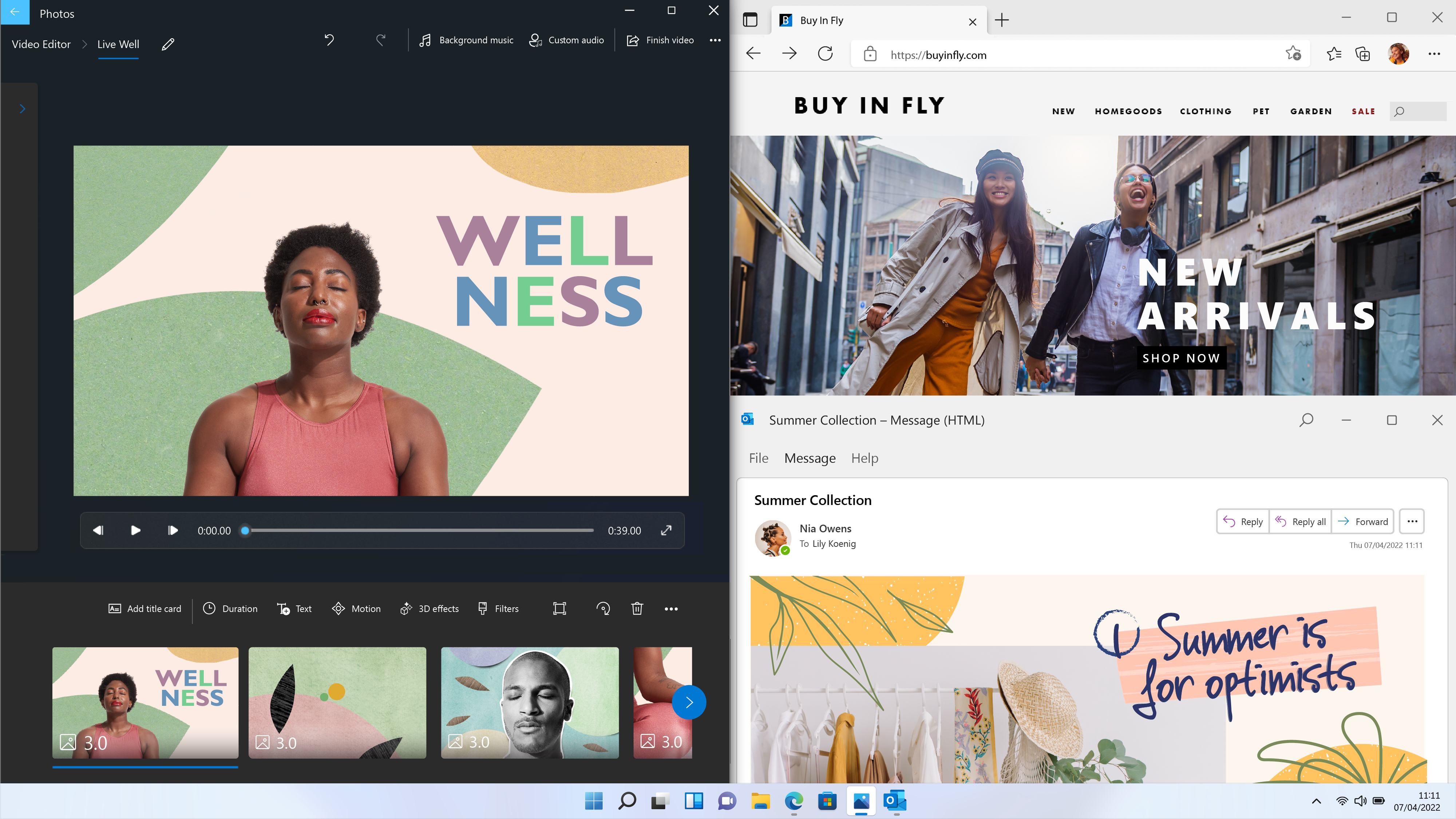 Ein geteilter Computerbildschirm, der einen Videoeditor und eine Website mit Sommerkollektion zeigt.
