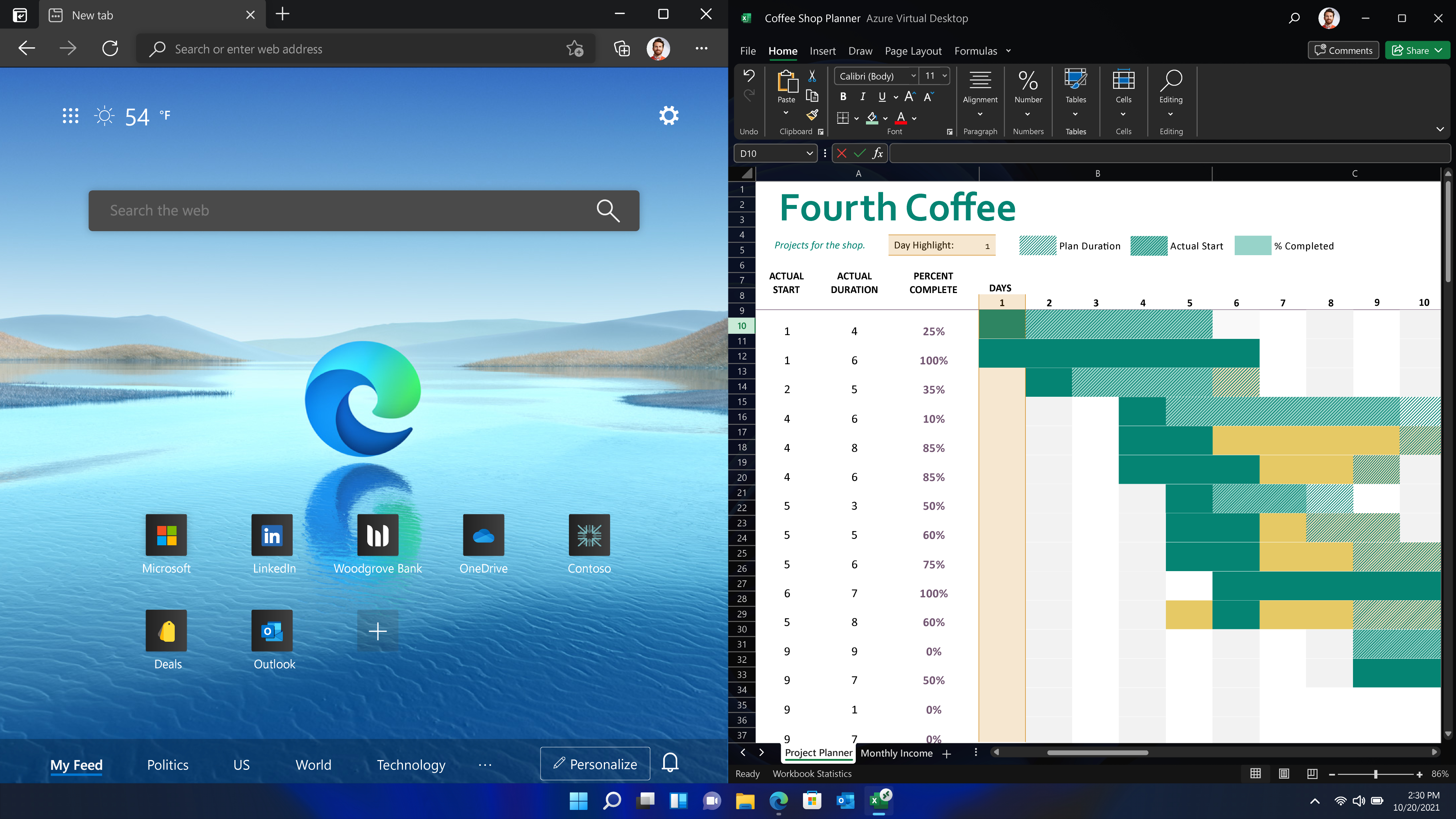 Ein Computerbildschirm, der einen neuen Tab, einen Desktop mit Apps und eine Tabelle zeigt.