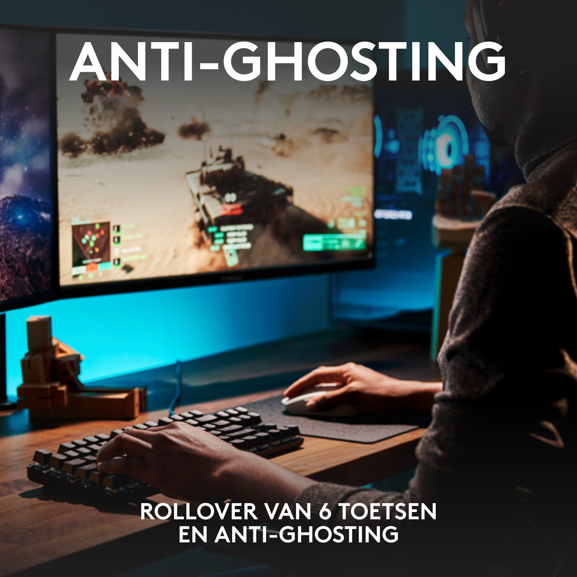 Person gaming on a PC with two monitors. The text 'ANTI-GHOSTING' is visible.