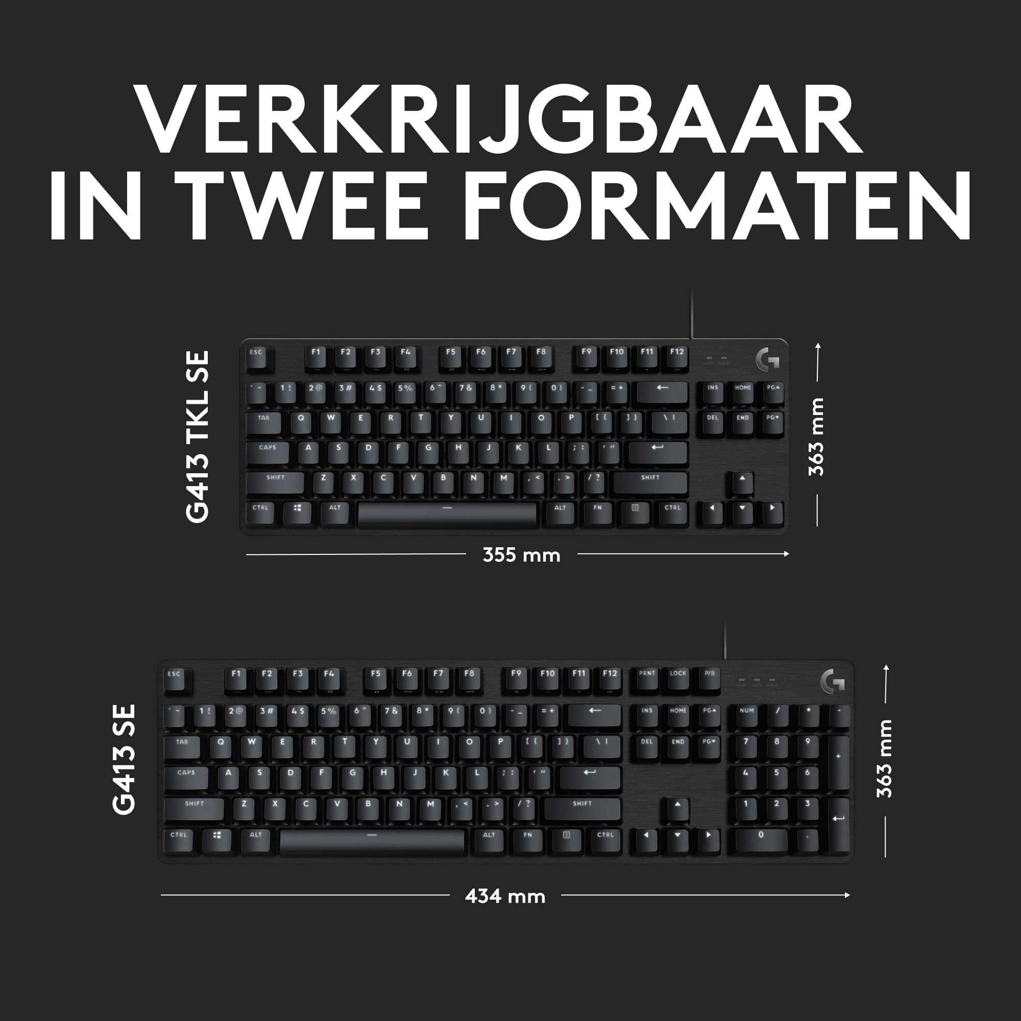 Black keyboard with white letters. Two sizes are shown with dimensions. Dark background.