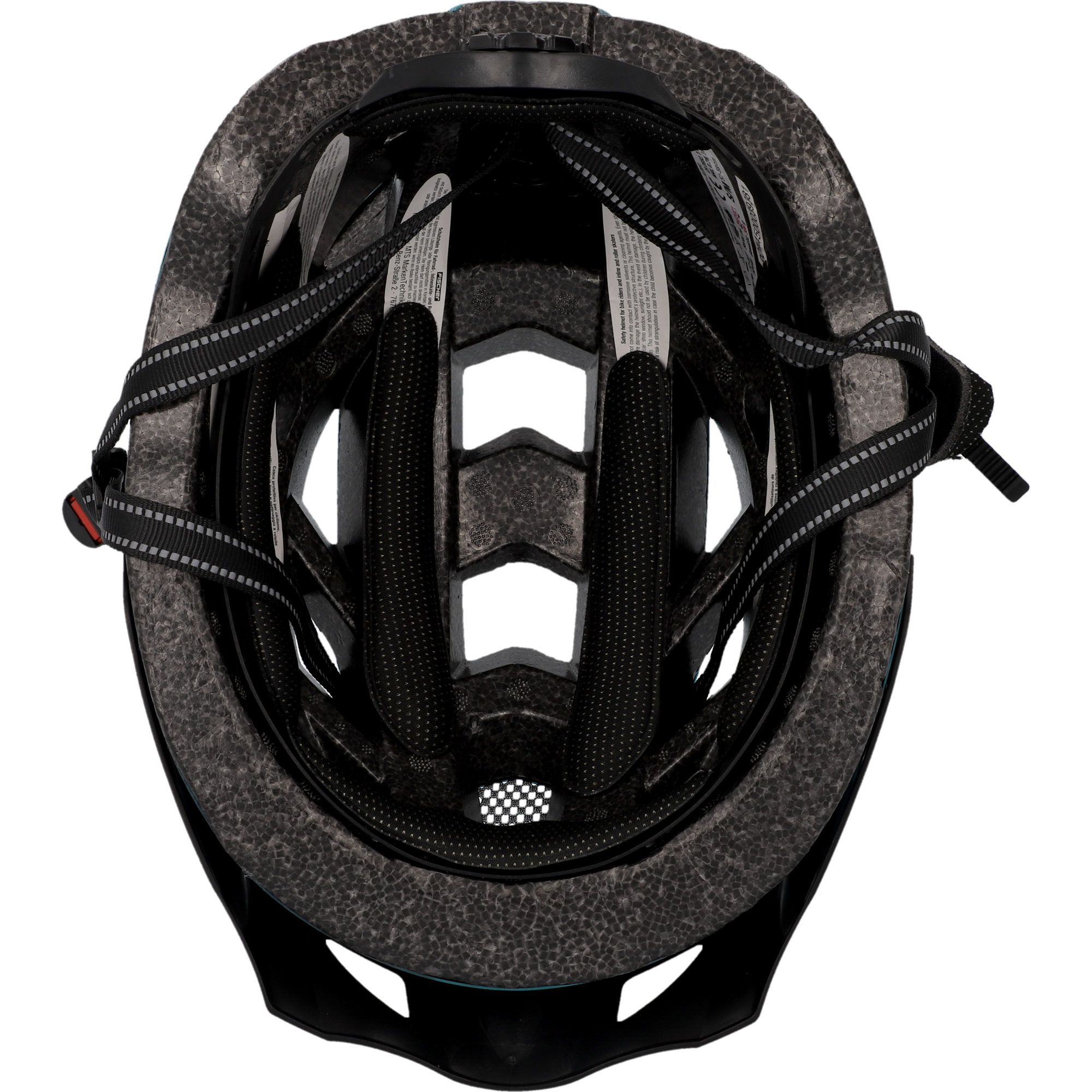 Helm-Innenraum, mit Polsterung, Riemen und schwarzer Außenschale.