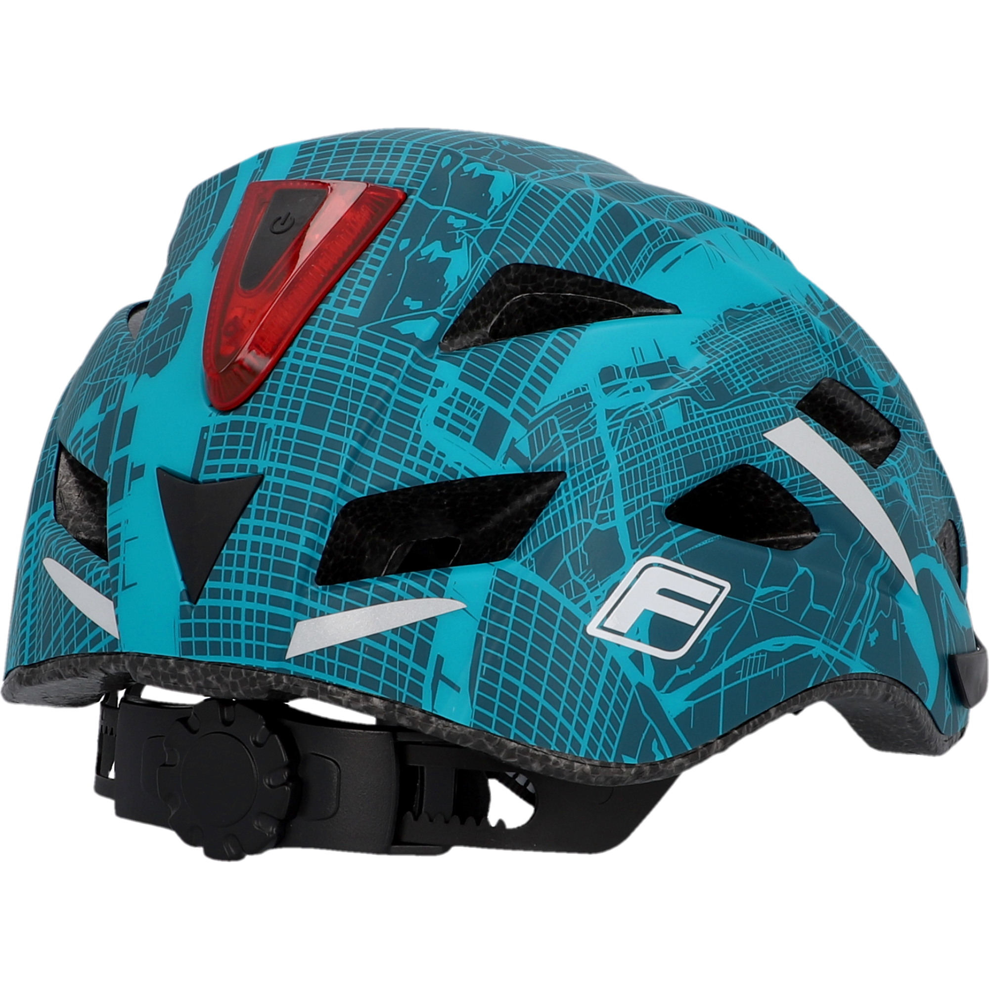 Ein blau-tealfarbener Fahrradhelm mit Kartenmuster und rotem Licht.
