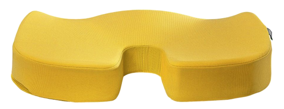 Sárga ergonomikus párna, ívelt formával és középső kivágással.