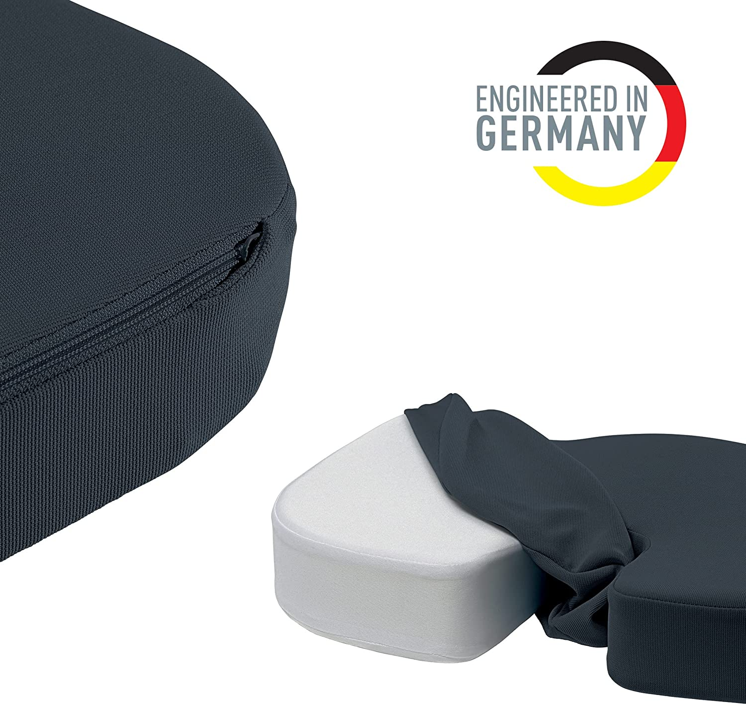 Sötétszürke ülőpárna fehér belső réteggel, és a szöveg: Engineered in Germany.