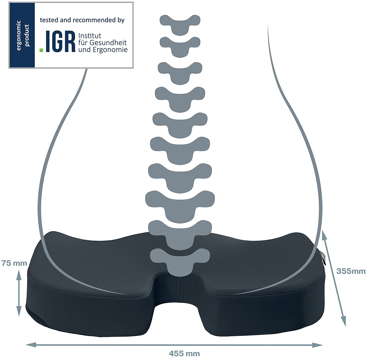 Ergonomikus üléspárna gerinc illusztrációval és méretekkel. Sötétszürke. IGR által tesztelt.