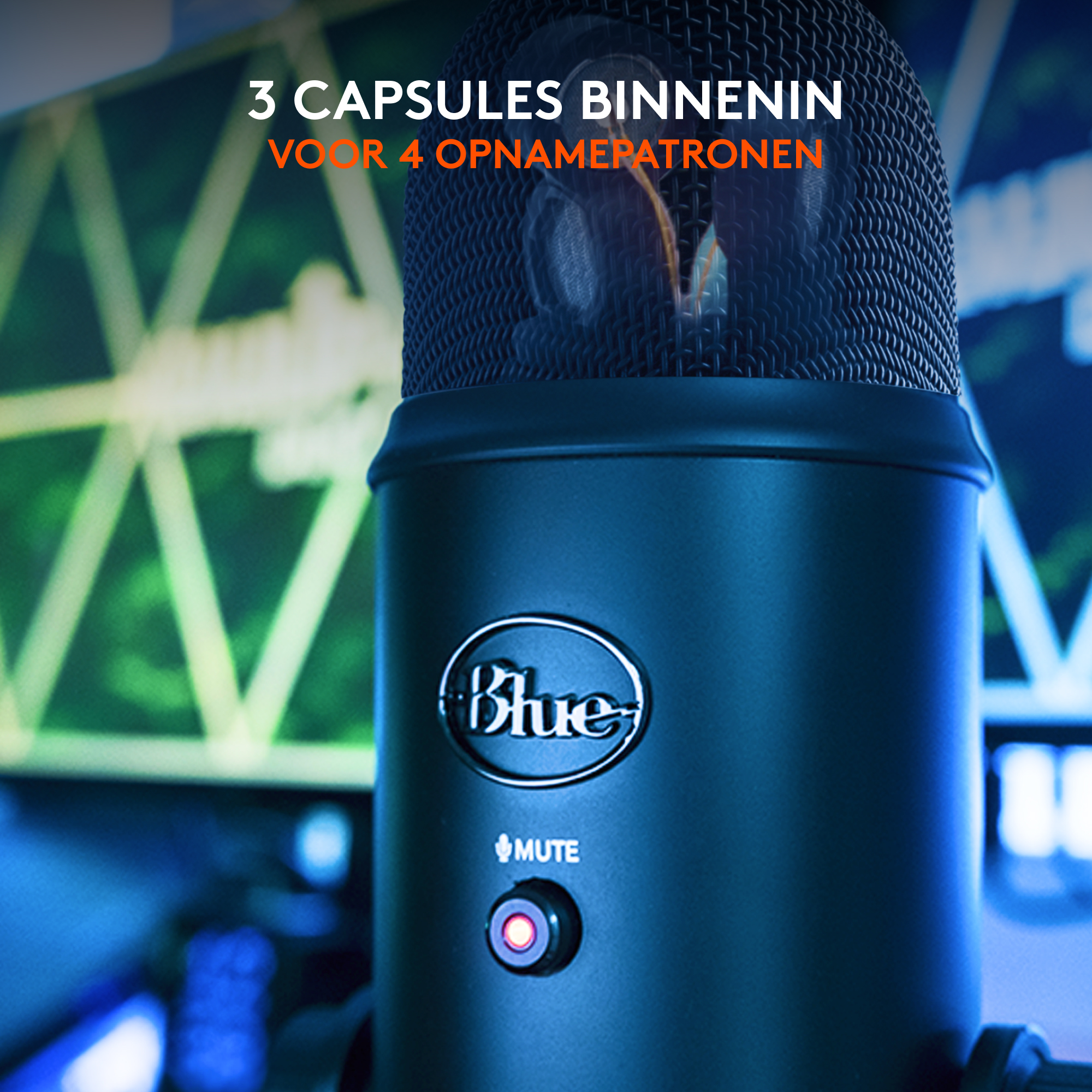 Een close-up van een donkerblauwe microfoon met een rode mute-knop.