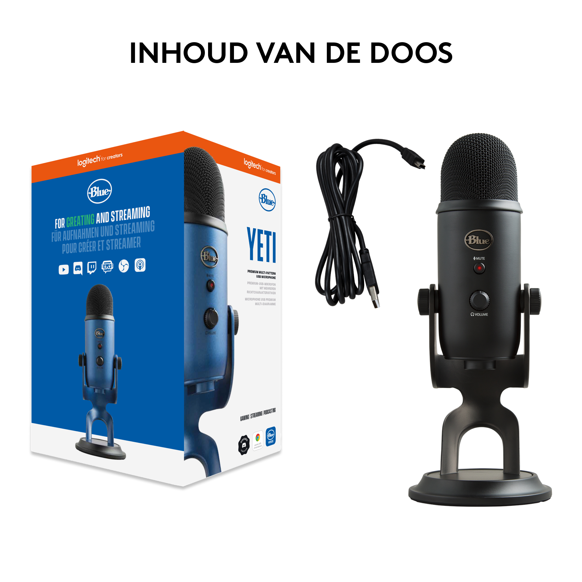 Blue Yeti USB-microfoon en accessoires in een doos en de microfoon staand.