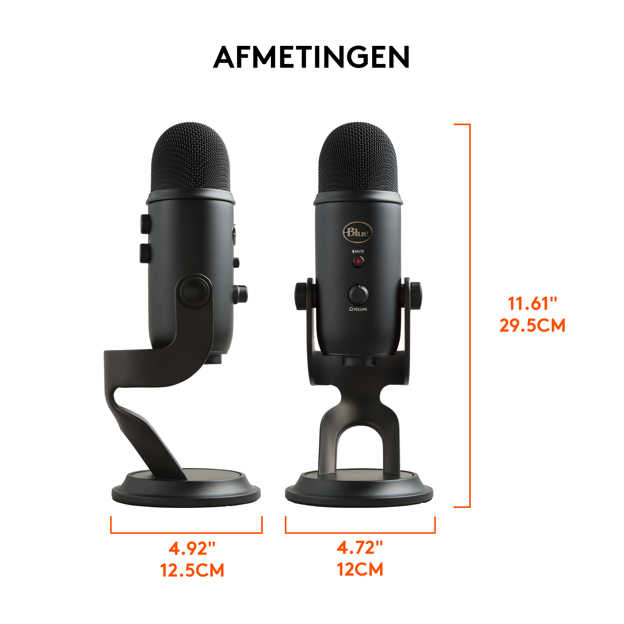 Twee zwarte microfoons met afmetingen in inches en centimeters.