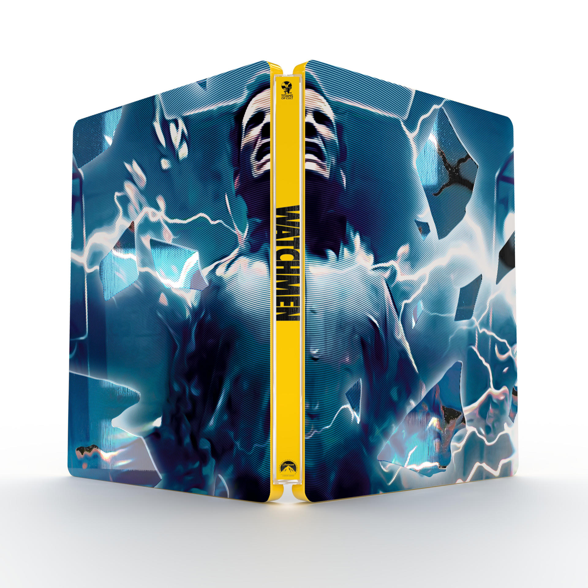 Watchmen Blu-ray Steelbook. Enthält eine zentrale Illustration eines Mannes mit zersplittertem Hintergrund.