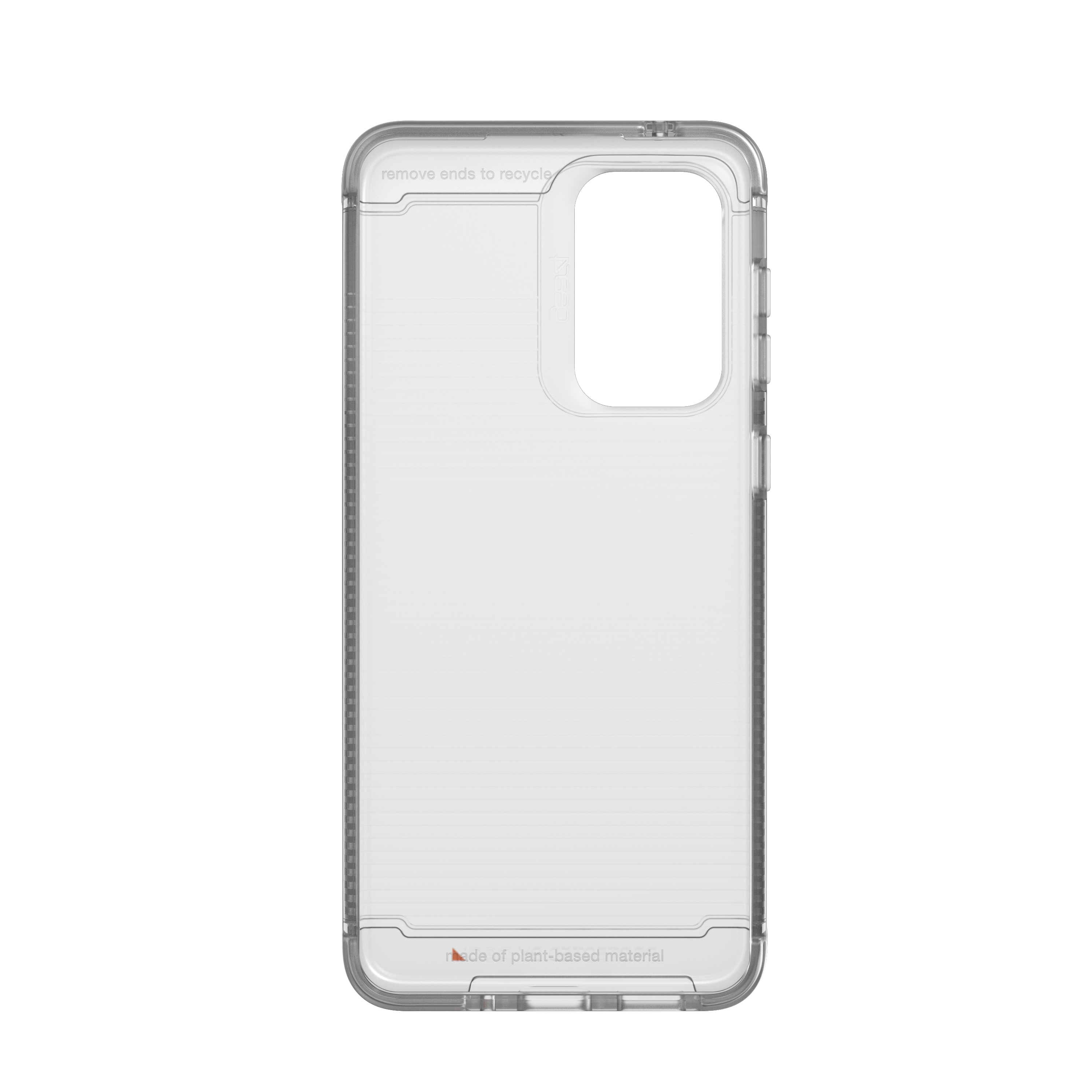 Transparente Handyhülle für ein Smartphone. Sie besteht aus pflanzlichem Material und ist schlank.