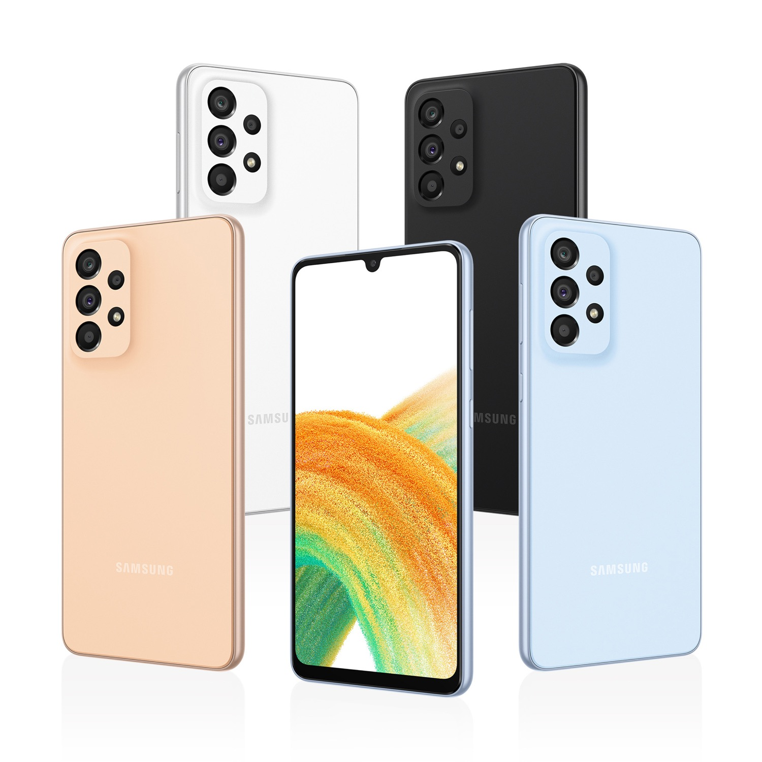 Cinco smartphones de diferentes colores, mostrando sus espaldas y una pantalla frontal con diseño.