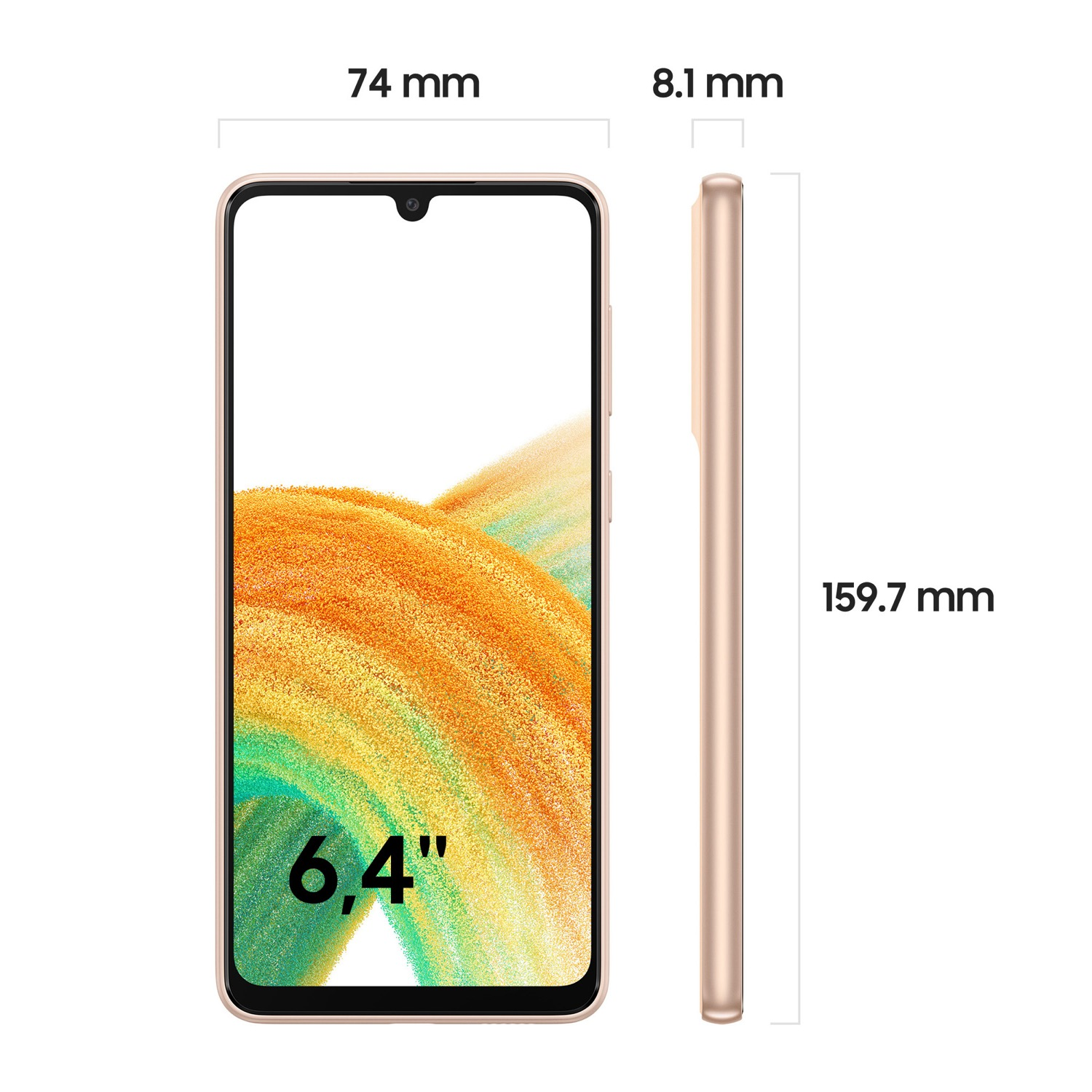 Un teléfono inteligente dorado con una pantalla grande, mostrando dimensiones.