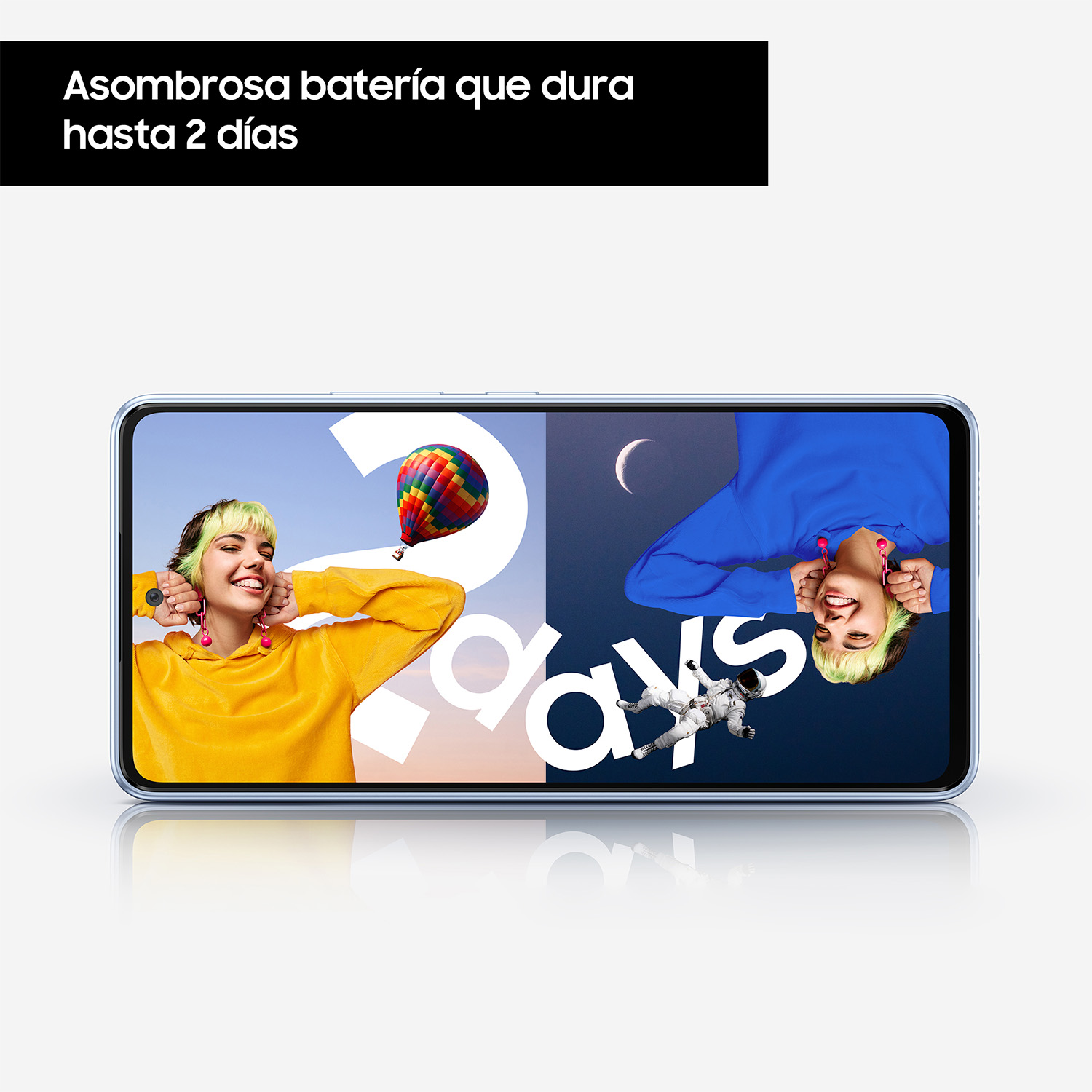Pantalla de smartphone mostrando imagen colorida con texto "Asombrosa batería que dura hasta 2 días".