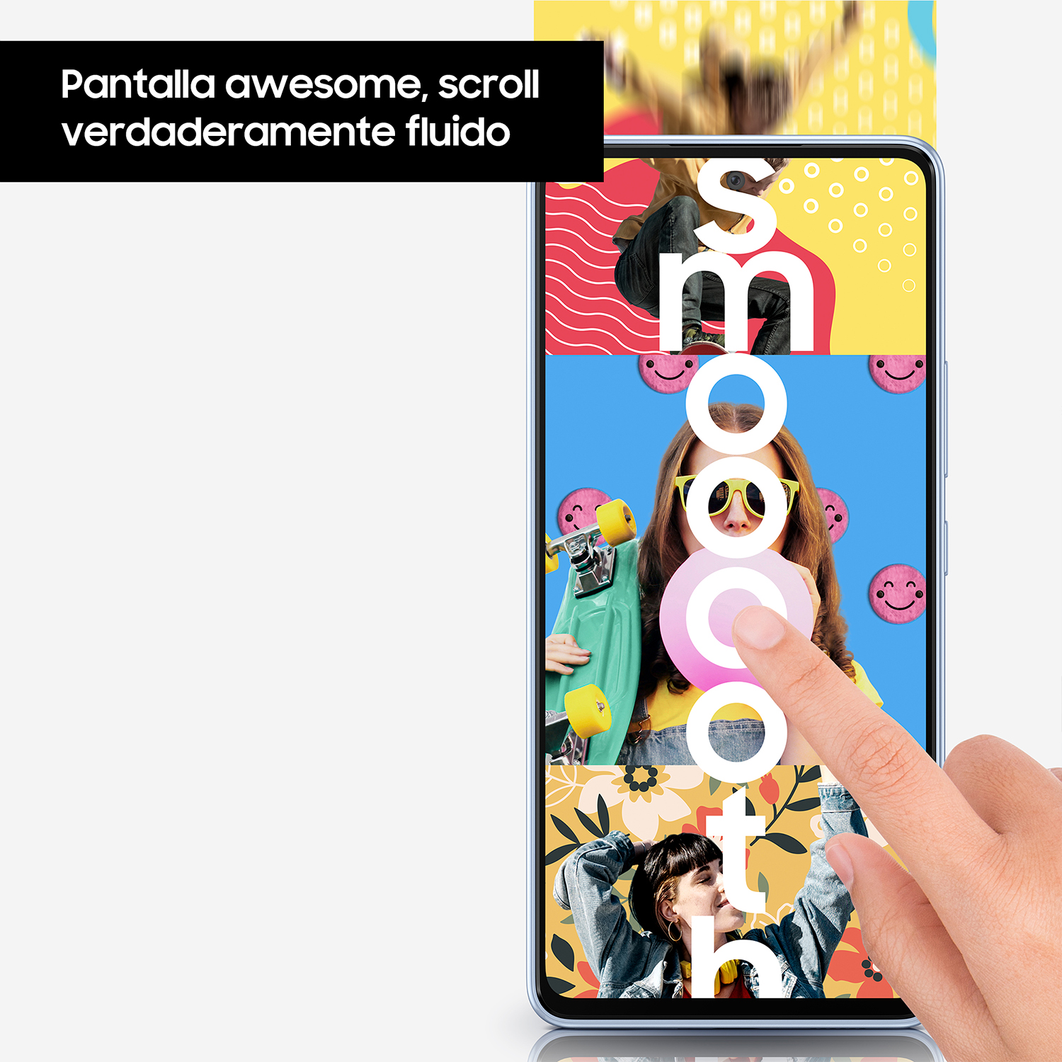 Un smartphone muestra una imagen colorida y desplazable. Una mano toca la pantalla. Texto: 'smooth'.