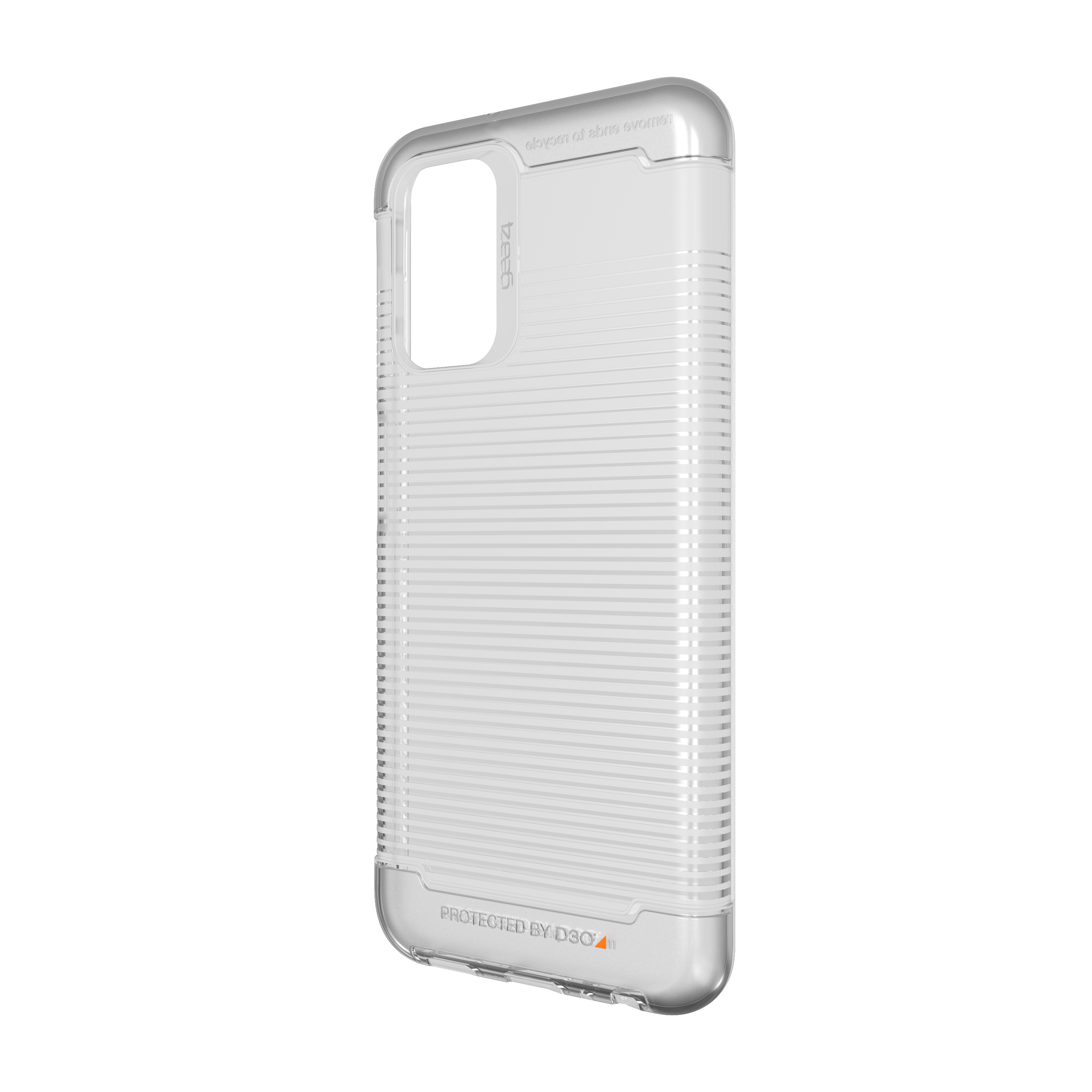 Transparente Handyhülle mit geripptem Design, schützt ein Handy, auf weißem Hintergrund.
