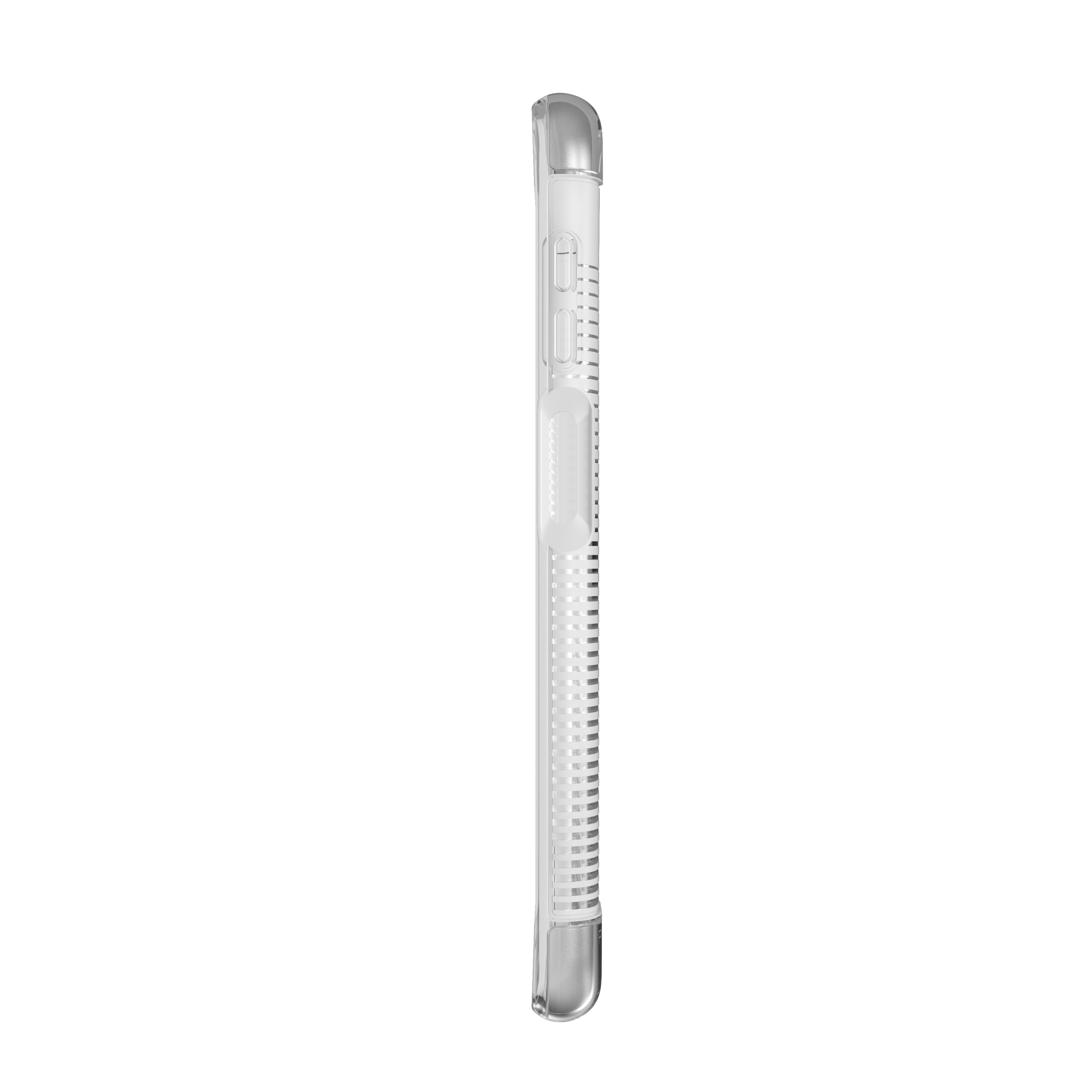 Eine transparente Handyhülle von der Seite mit Knöpfen und Öffnungen.