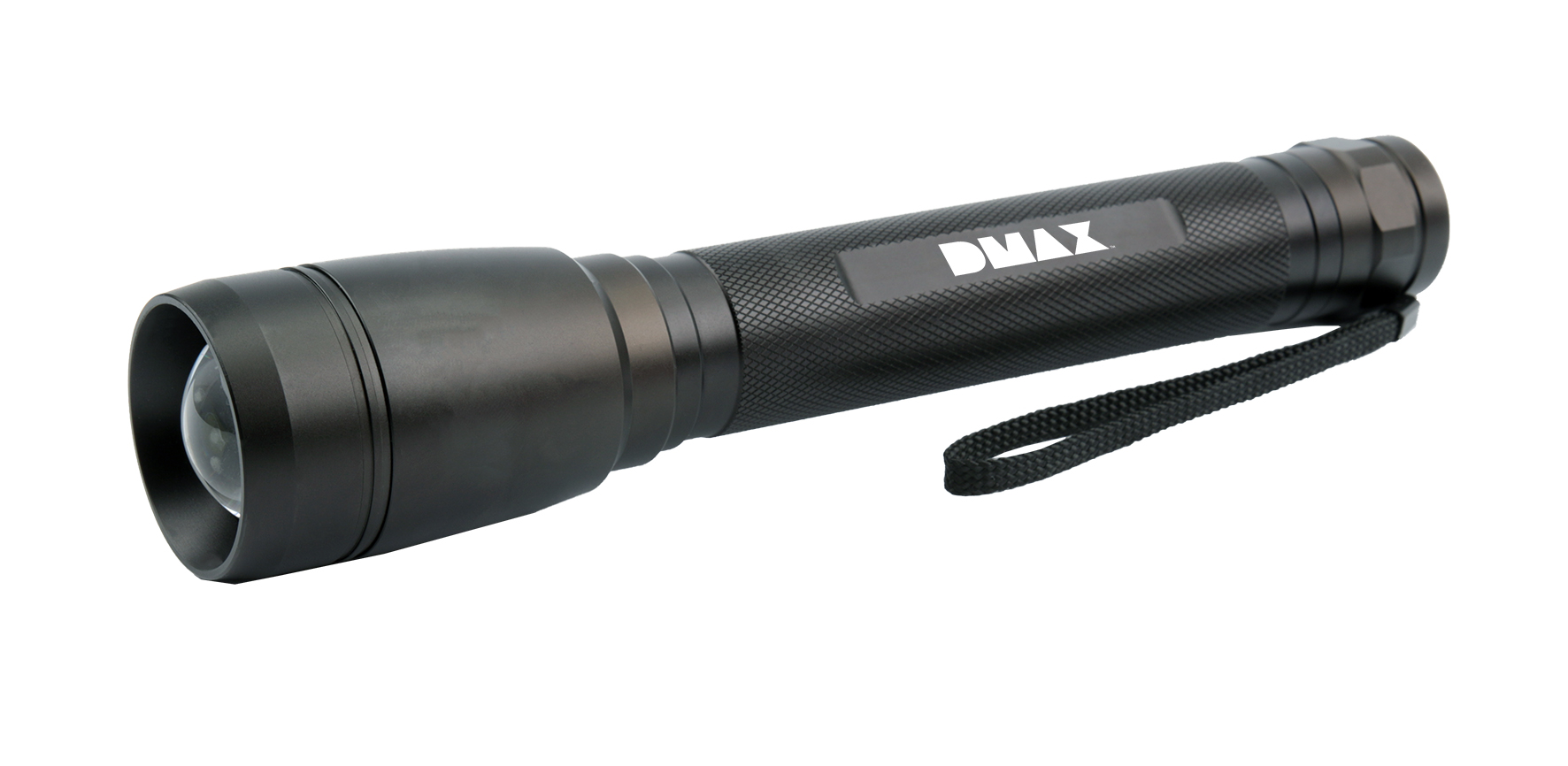 Schwarze DMAX-Taschenlampe mit strukturiertem Griff und klarer Linse. Am Ende ist eine schwarze Schlaufe befestigt.