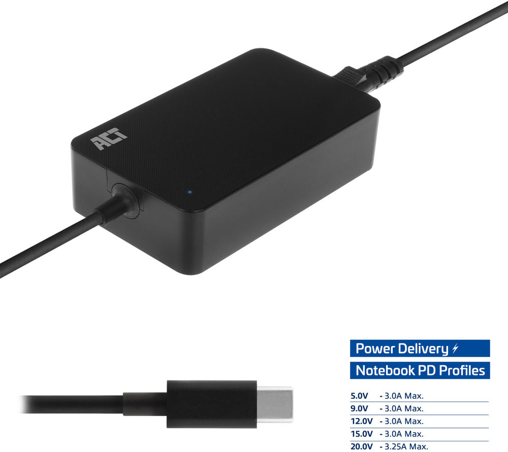 Chargeur d'ordinateur portable noir avec câble USB-C. Une lumière bleue est allumée. L'image montre les spécifications.