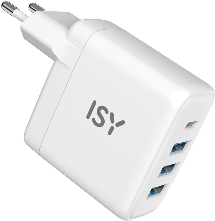Witte ISY-oplader met drie USB-poorten. De stekker is een Europese standaard.