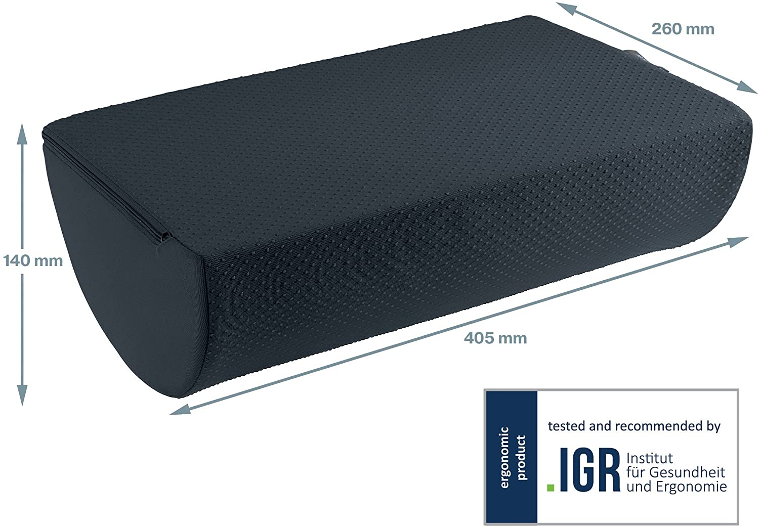 Egy sötétszürke ergonomikus párna pöttyös mintával, különféle méretek nyíllal jelölve.