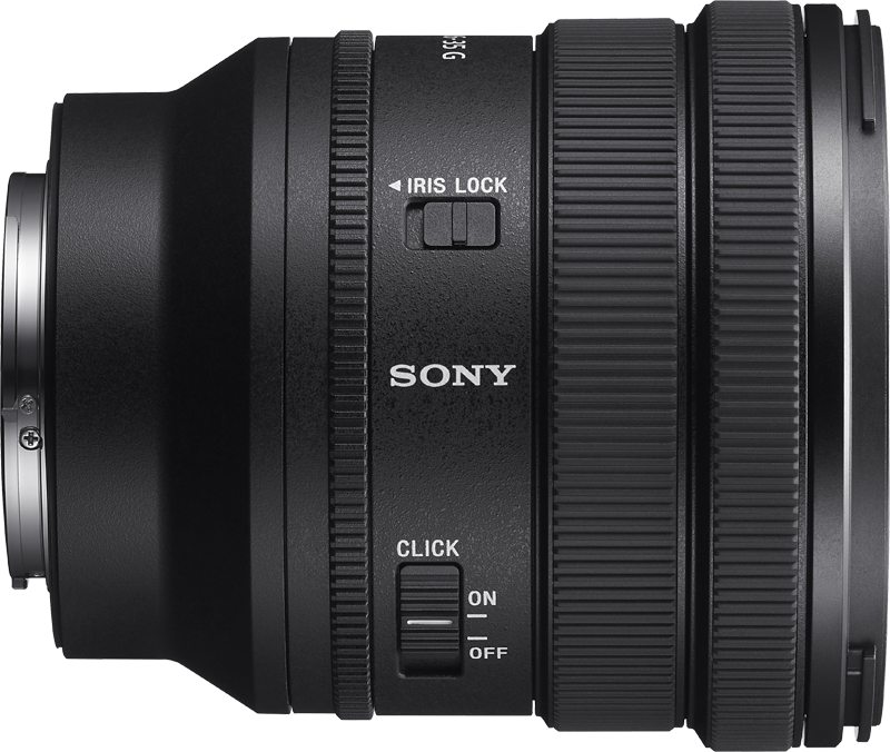Nahaufnahme eines schwarzen Kameraobjektivs mit verschiedenen Bedienelementen und der Marke SONY.
