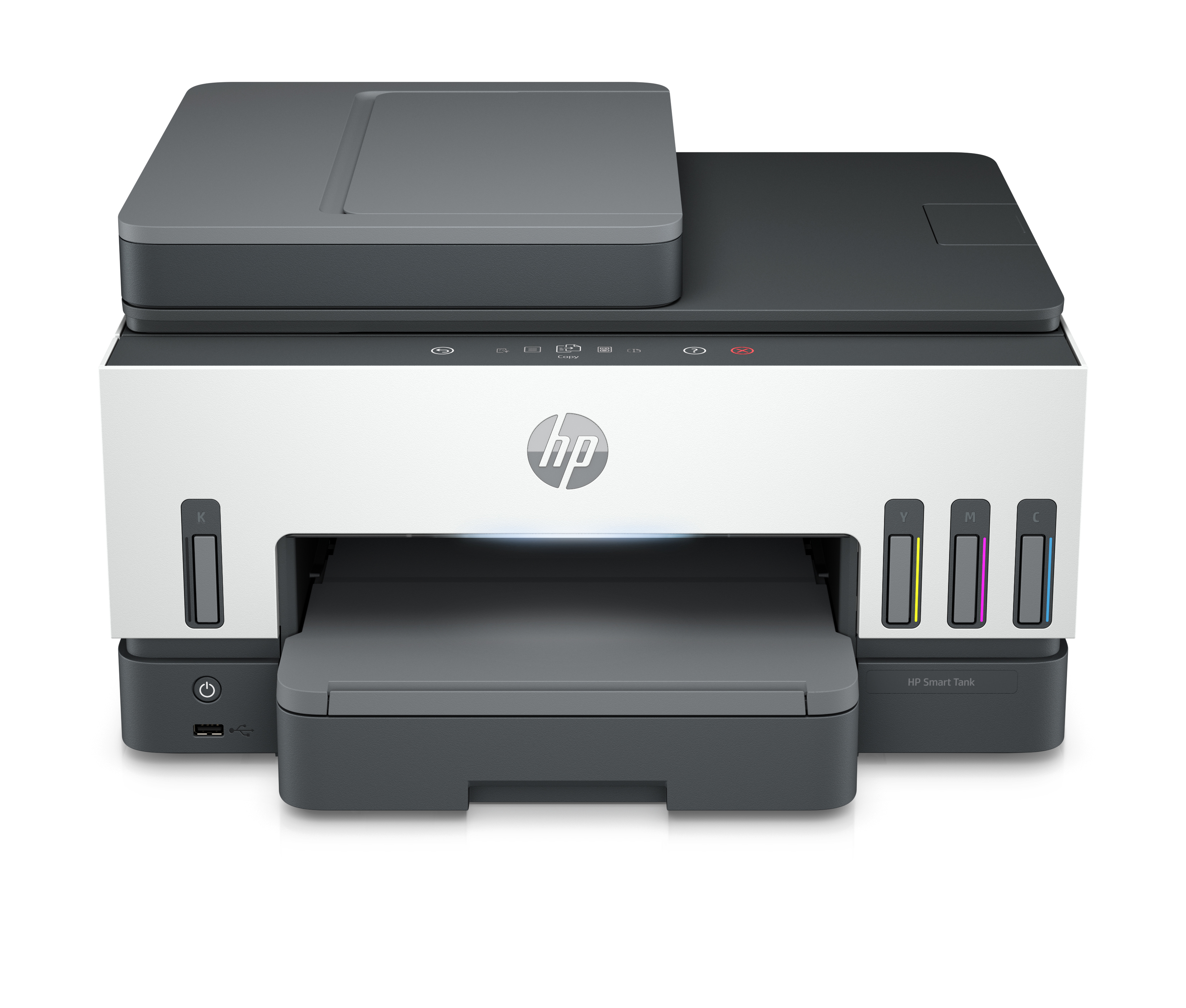 Mürekkep tankları, bir tarayıcı ve bir kağıt tepsisi olan beyaz ve gri bir HP Smart Tank yazıcı.
