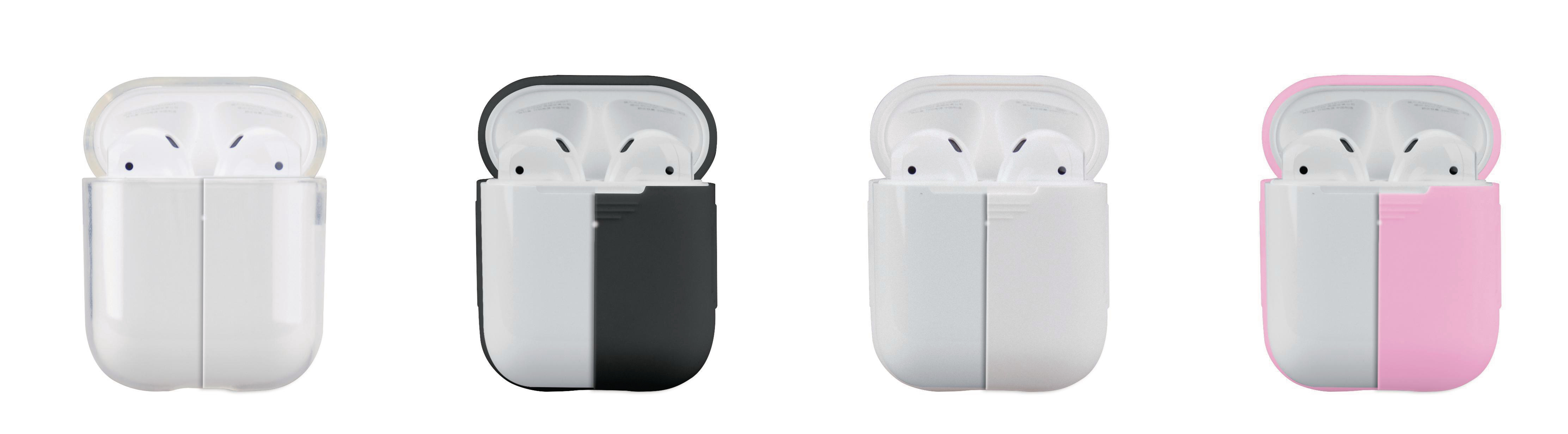 Vier Paar Airpods und Hüllen. Verschiedene Farben: Weiß, Schwarz-Weiß und Rosa-Weiß.