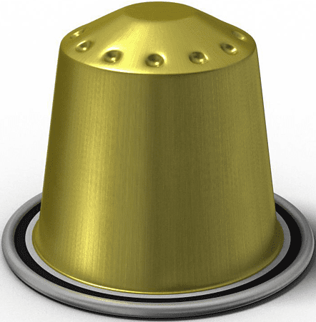 Capsule dorée sur socle gris, forme cylindrique avec dessus arrondi et petits trous.