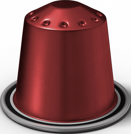 Une capsule de café Nespresso rouge avec un bord argenté.