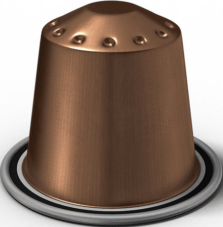 Capsule de café couleur bronze avec bord métallique argenté, sur fond blanc.