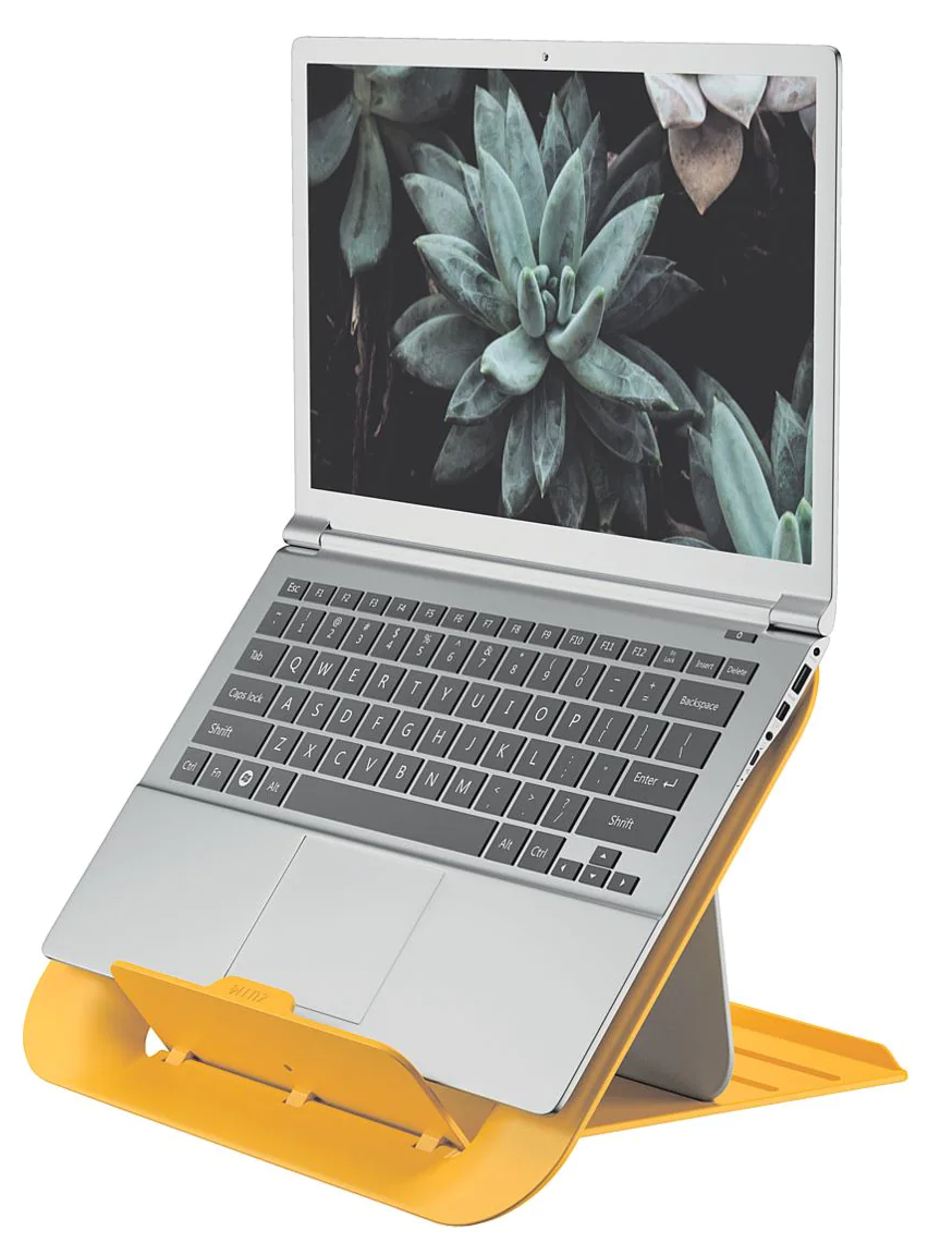 Ezüst laptop sárga állványon, növényi képpel. Fehér háttér.