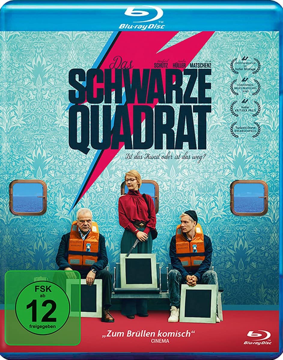 Blu-ray-Cover für 'Das Schwarze Quadrat' mit Menschen in Schwimmwesten und blau-pinkem Design.