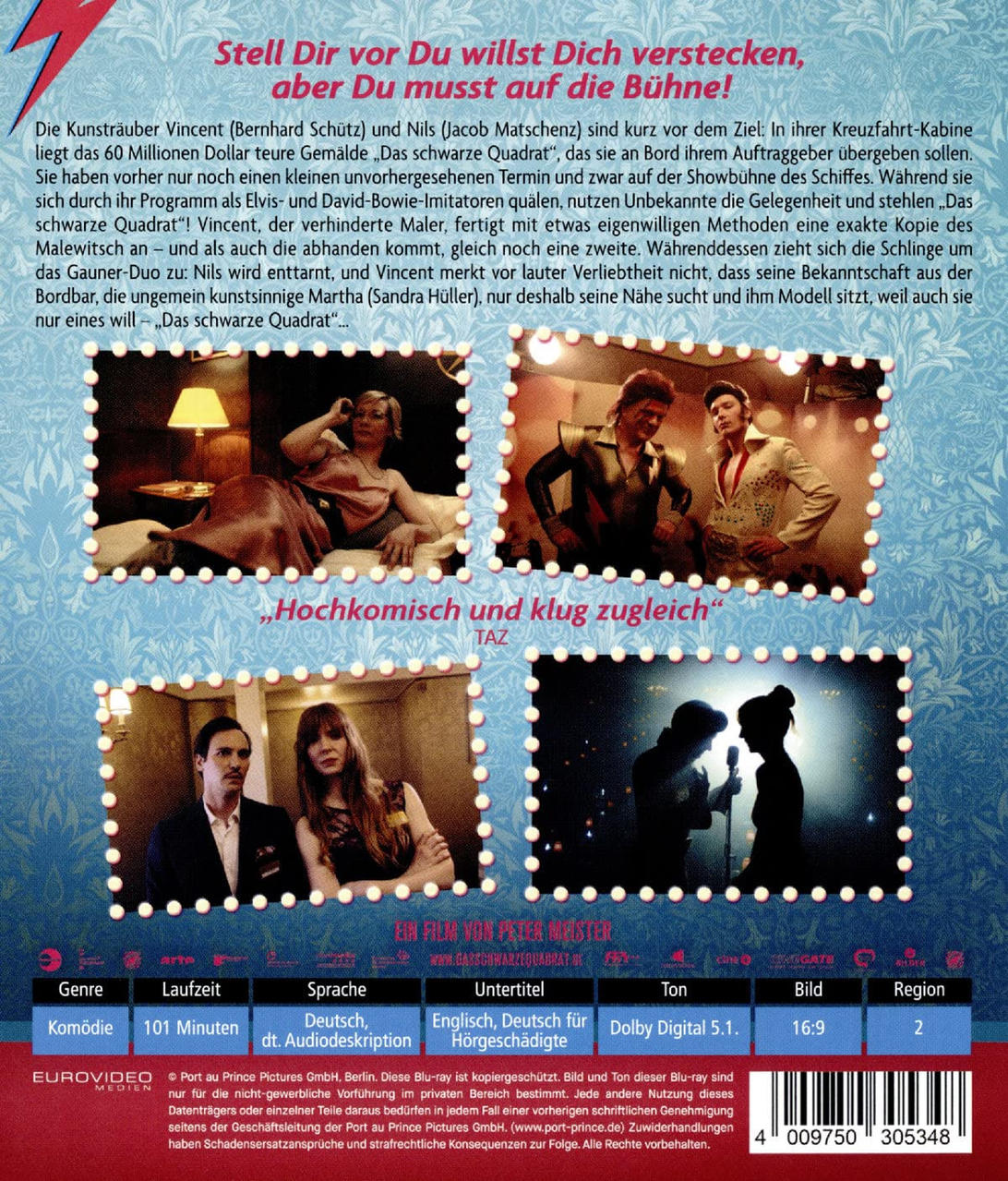DVD-Hüllenrückseite mit Text. Vier Bilder in der Mitte und Text auf Deutsch. Weißer Hintergrund.