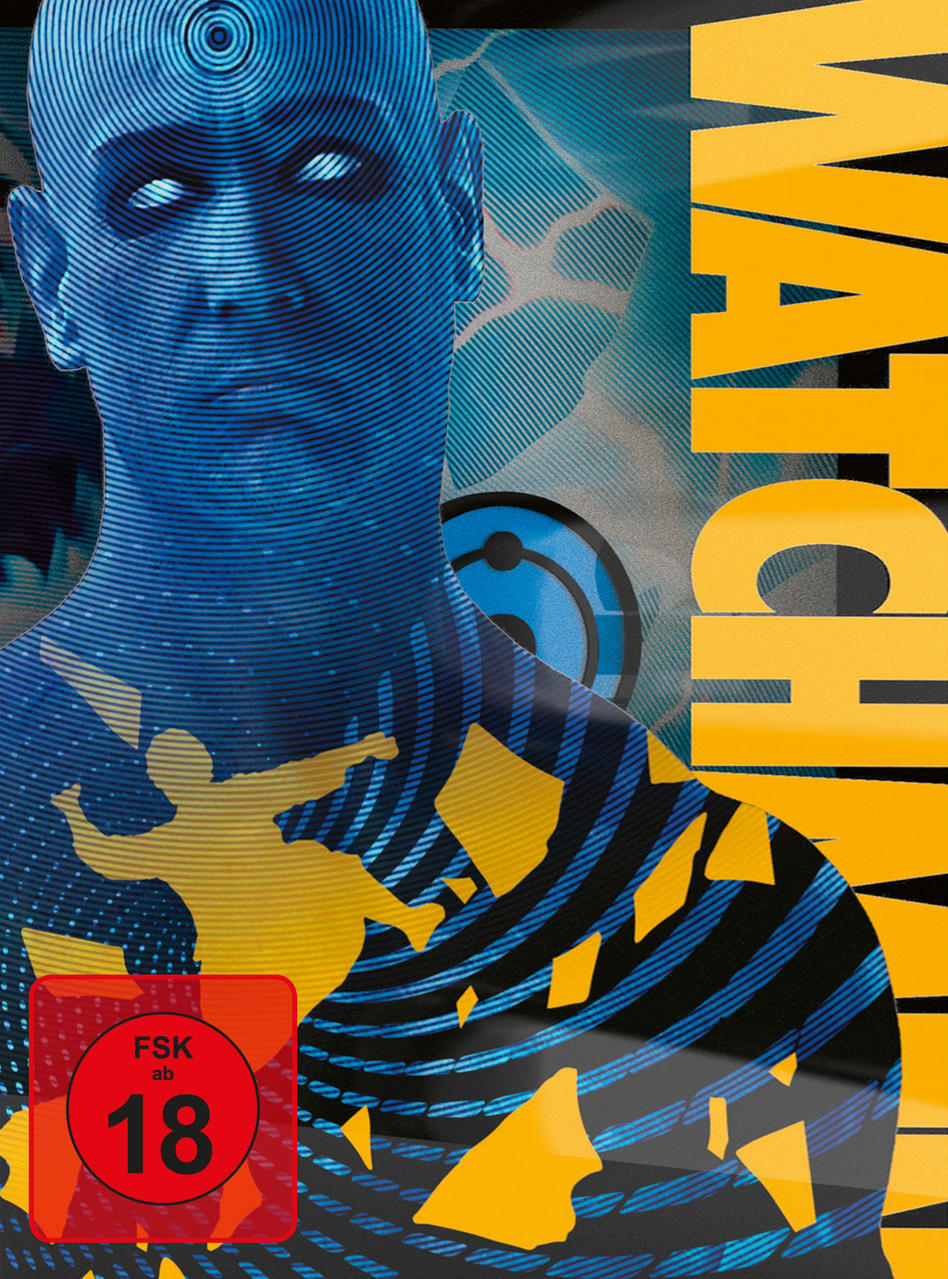 Watchmen DVD-Cover, blaues Gesicht, gelb-schwarzes Design, Bewertungssymbol unten.