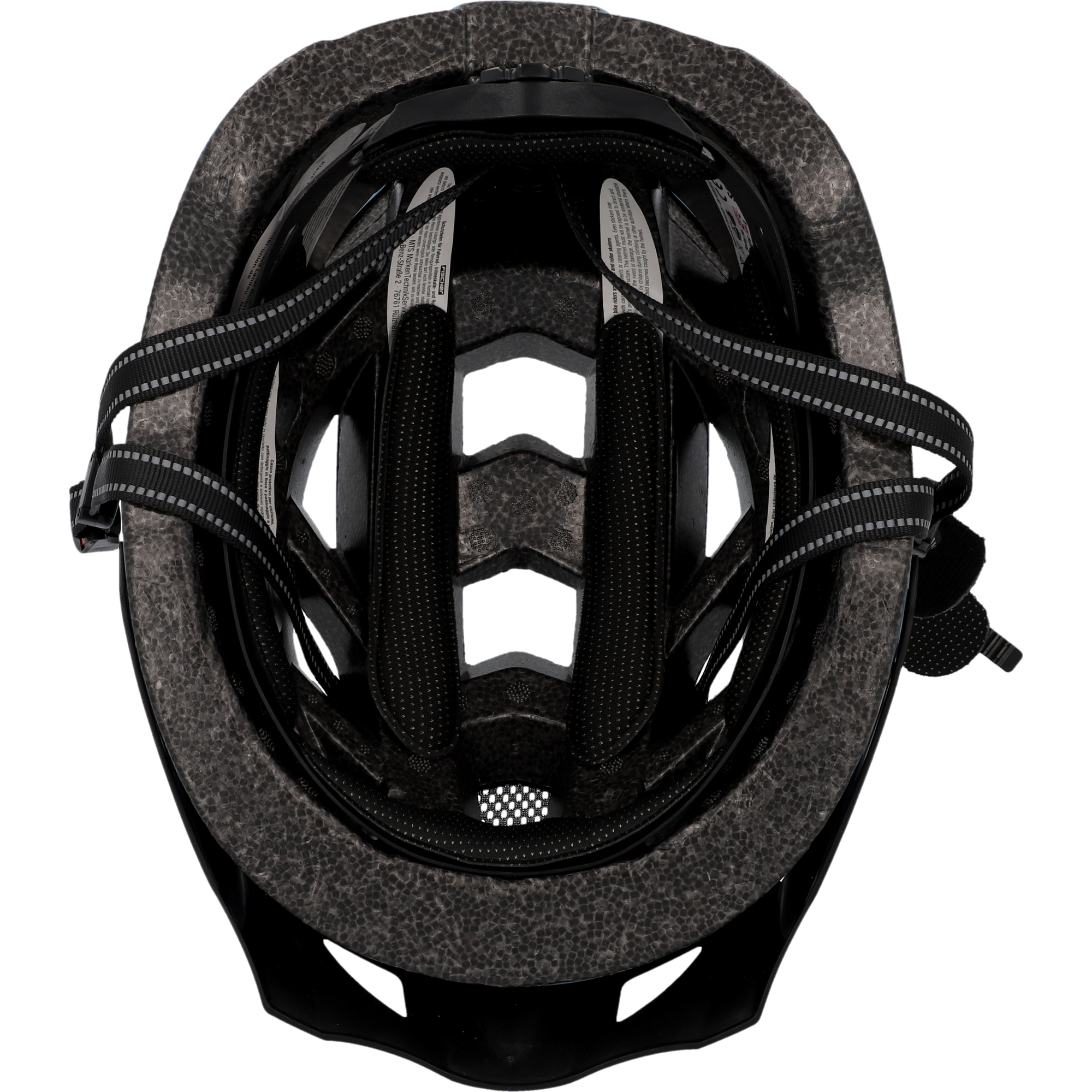 Schwarzer Fahrradhelm, Draufsicht. Innen Schaumstoffpolsterung, Riemen und Belüftungsöffnungen.
