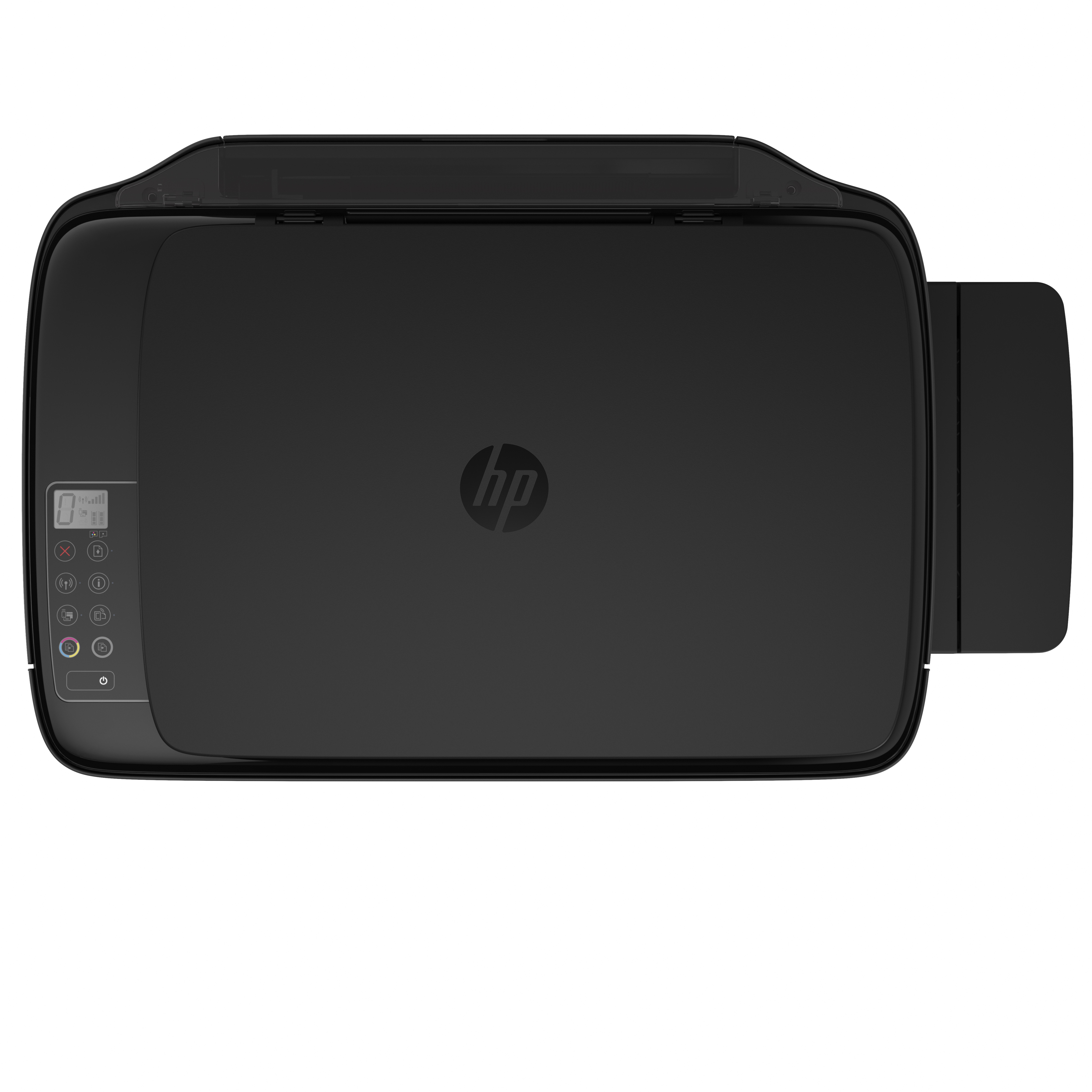Siyah bir HP yazıcının, kontrol düğmeleri ve merkezi HP logosu ile yukarıdan görünümü.
