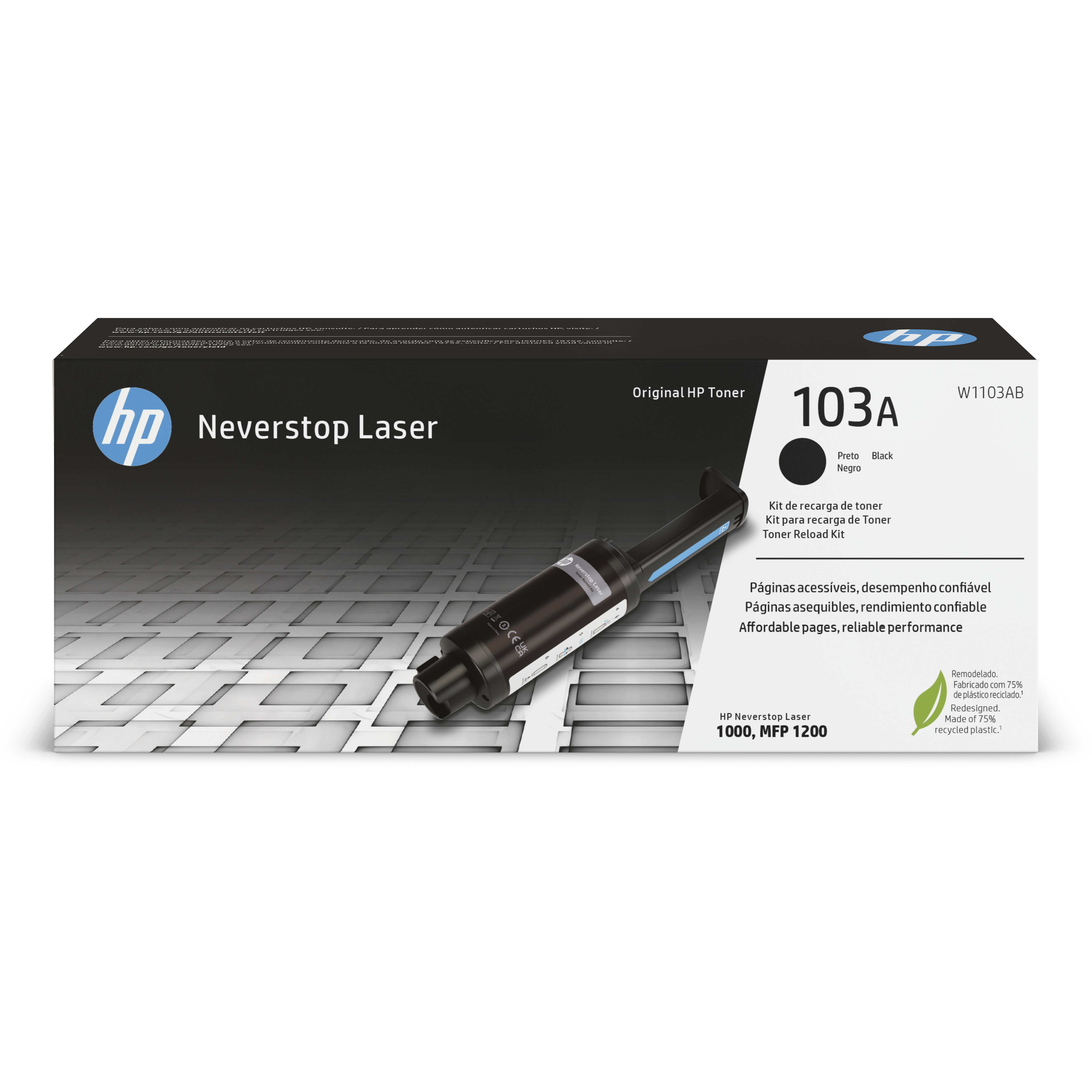 İçinde bir toner kartuşu bulunan bir HP Neverstop Laser toner kartuşu kutusu.