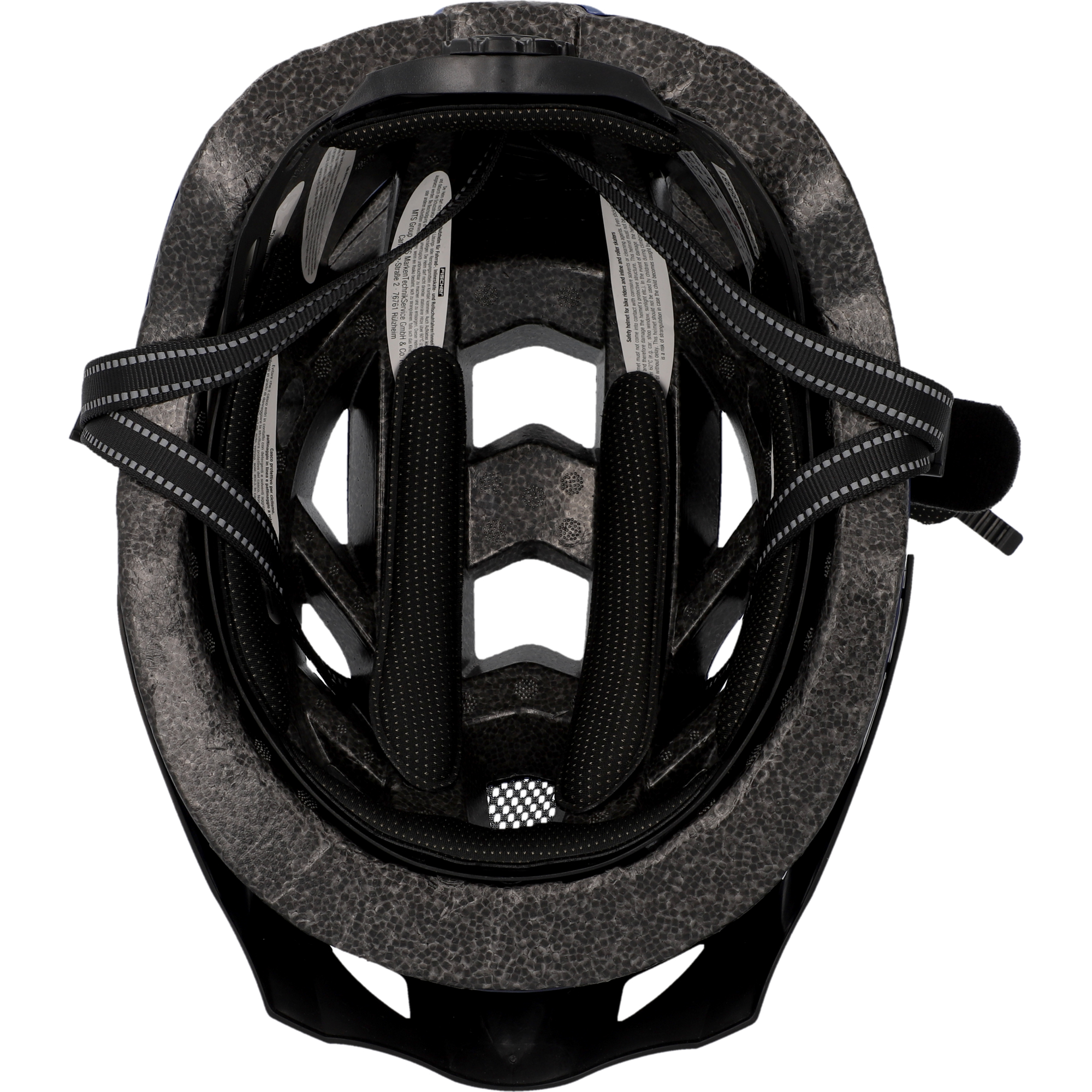 Schwarzer Fahrradhelm, Draufsicht, mit sichtbaren Riemen und Polsterung.
