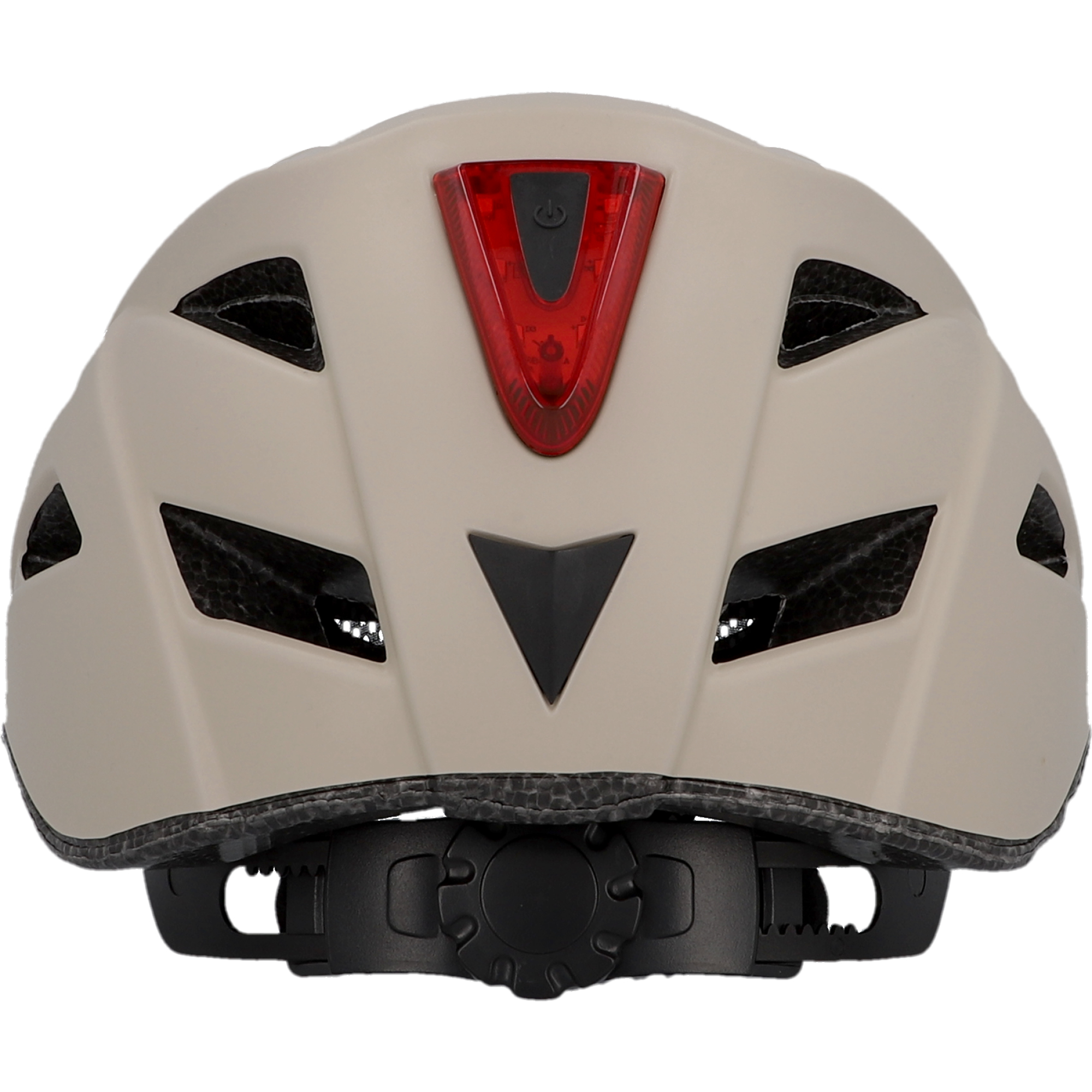 Beiger Fahrradhelm mit rotem Licht, schwarzen Lüftungsschlitzen und Verstellrad.