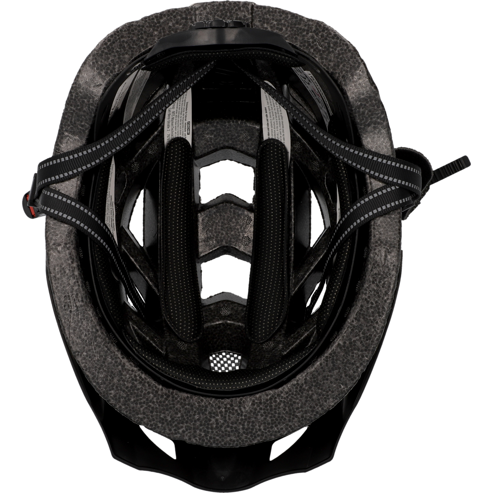 Nahaufnahme eines schwarzen Fahrradhelms. Der Helm hat Riemen und Belüftungslöcher.
